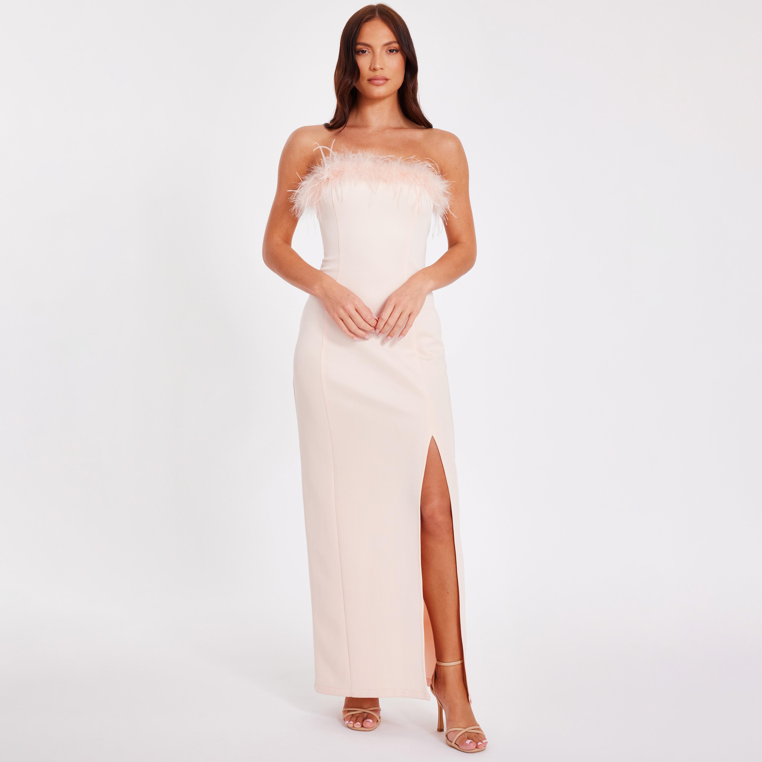Quiz Feather Trim Satin Strapless Slit Bandeau Peach Women's Evening Maxi Dress-women-clothing-dresses-image-1