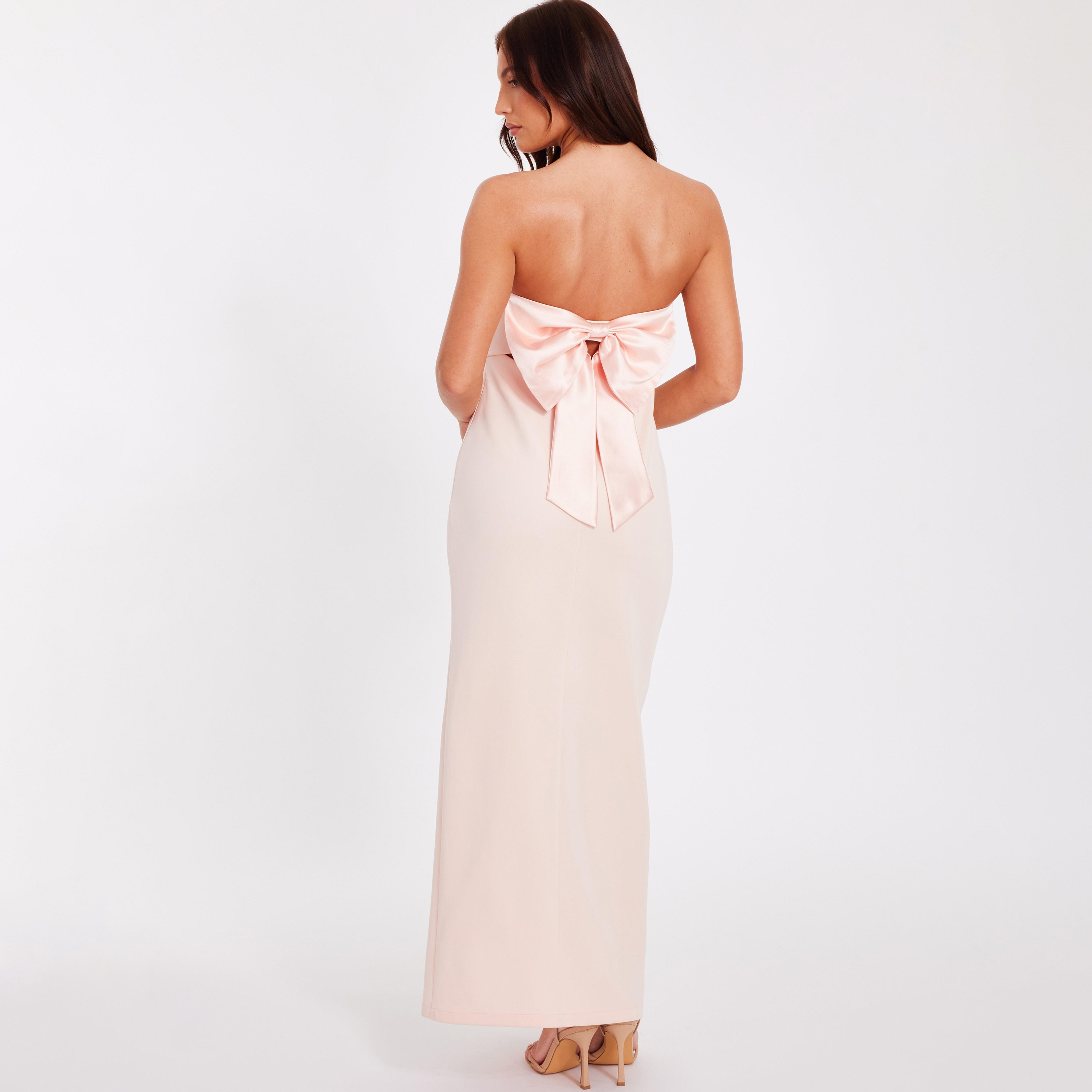 Quiz Feather Trim Satin Strapless Slit Bandeau Peach Women's Evening Maxi Dress-women-clothing-dresses-image-3