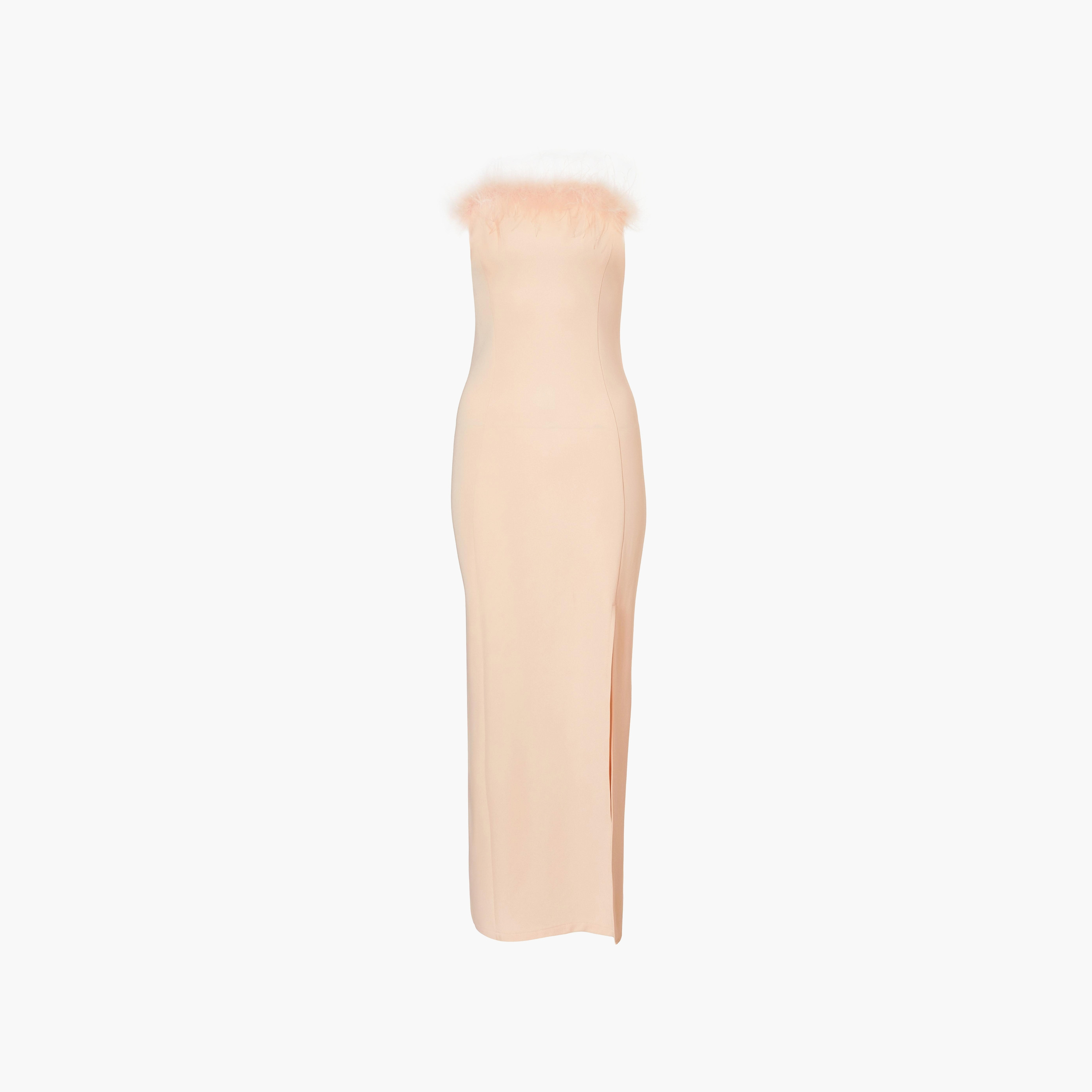 Quiz Feather Trim Satin Strapless Slit Bandeau Peach Women's Evening Maxi Dress-women-clothing-dresses-image-5