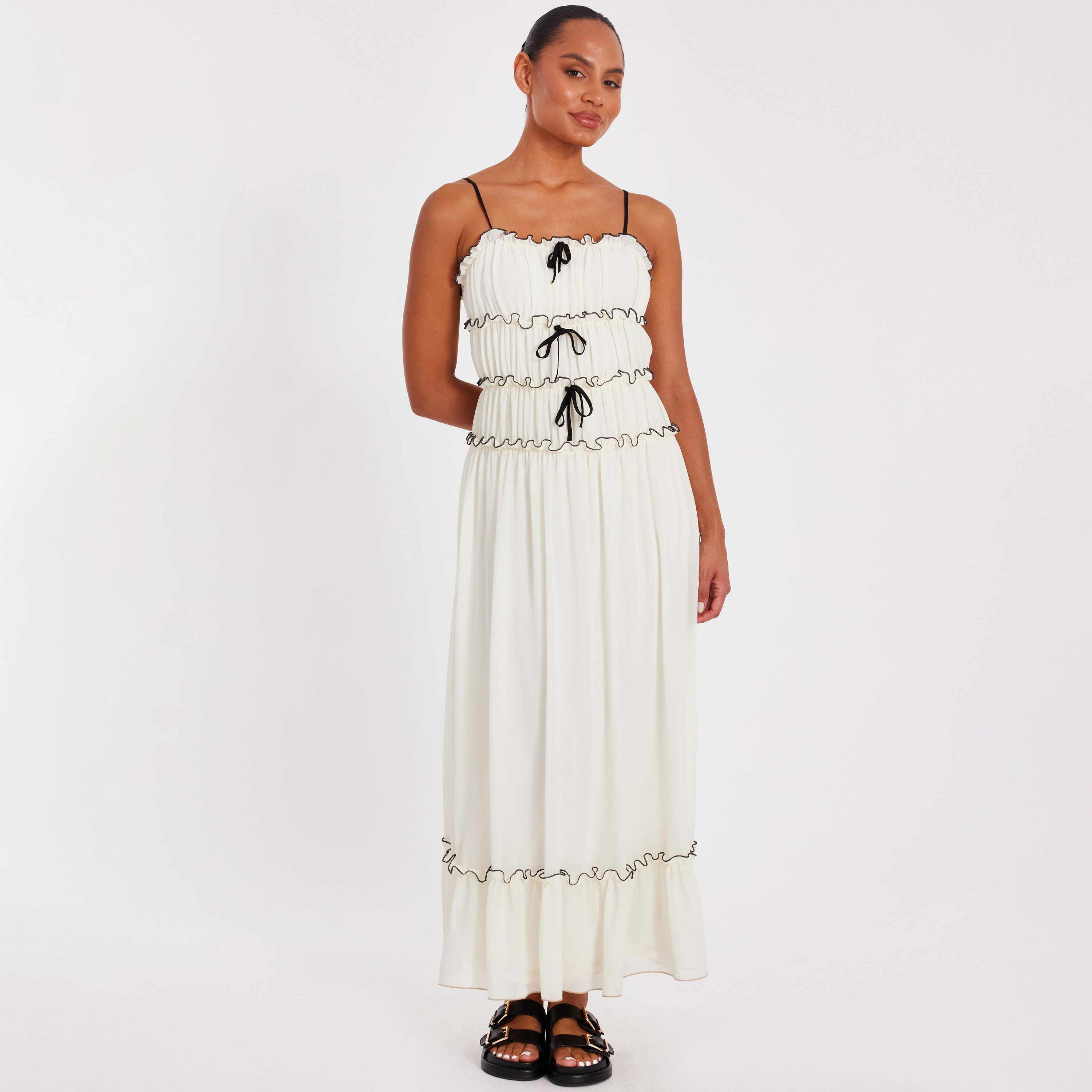 Quiz Ruffle Trim Chiffon Shoulder Straps Tiered White Women's Maxi Dress-women-clothing-dresses-image-1