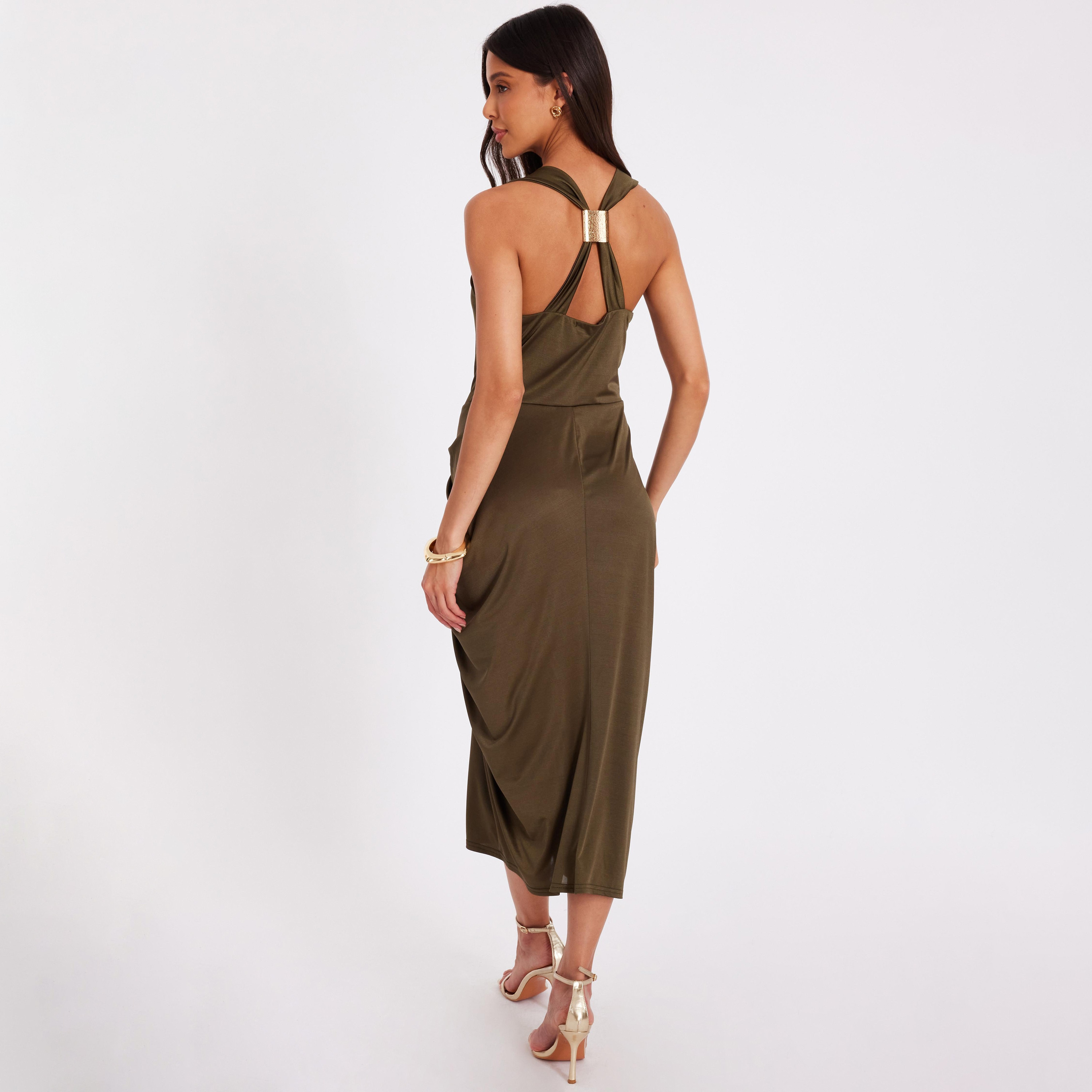 Quiz Draped Disco Cowl Neck Column Khaki Women's Evening Midi Dress-women-clothing-dresses-image-3