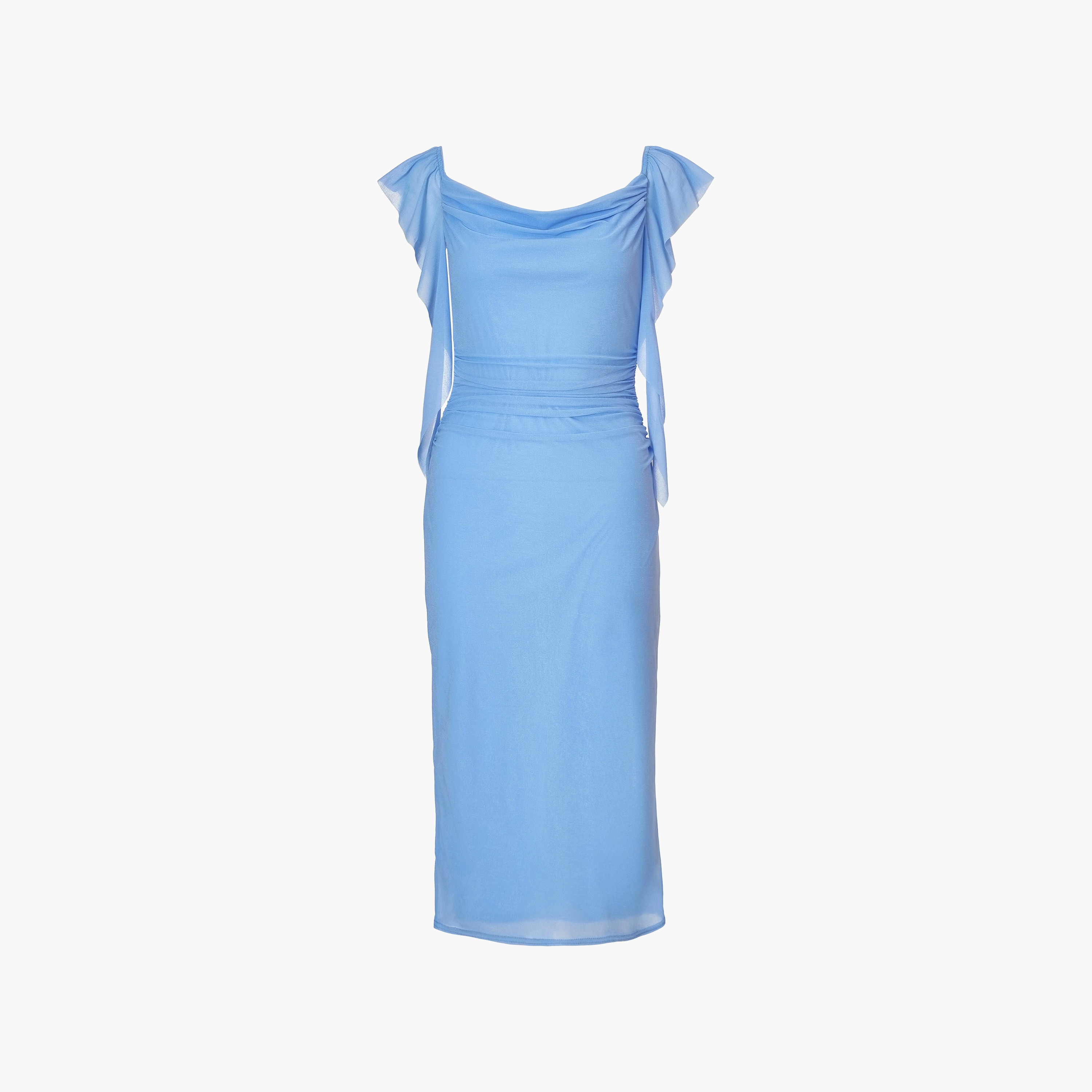 فستان ميدي نسائي ضيق بلون أزرق بياقة مستديرة وكشكشة من كويز-women-clothing-dresses-image-5