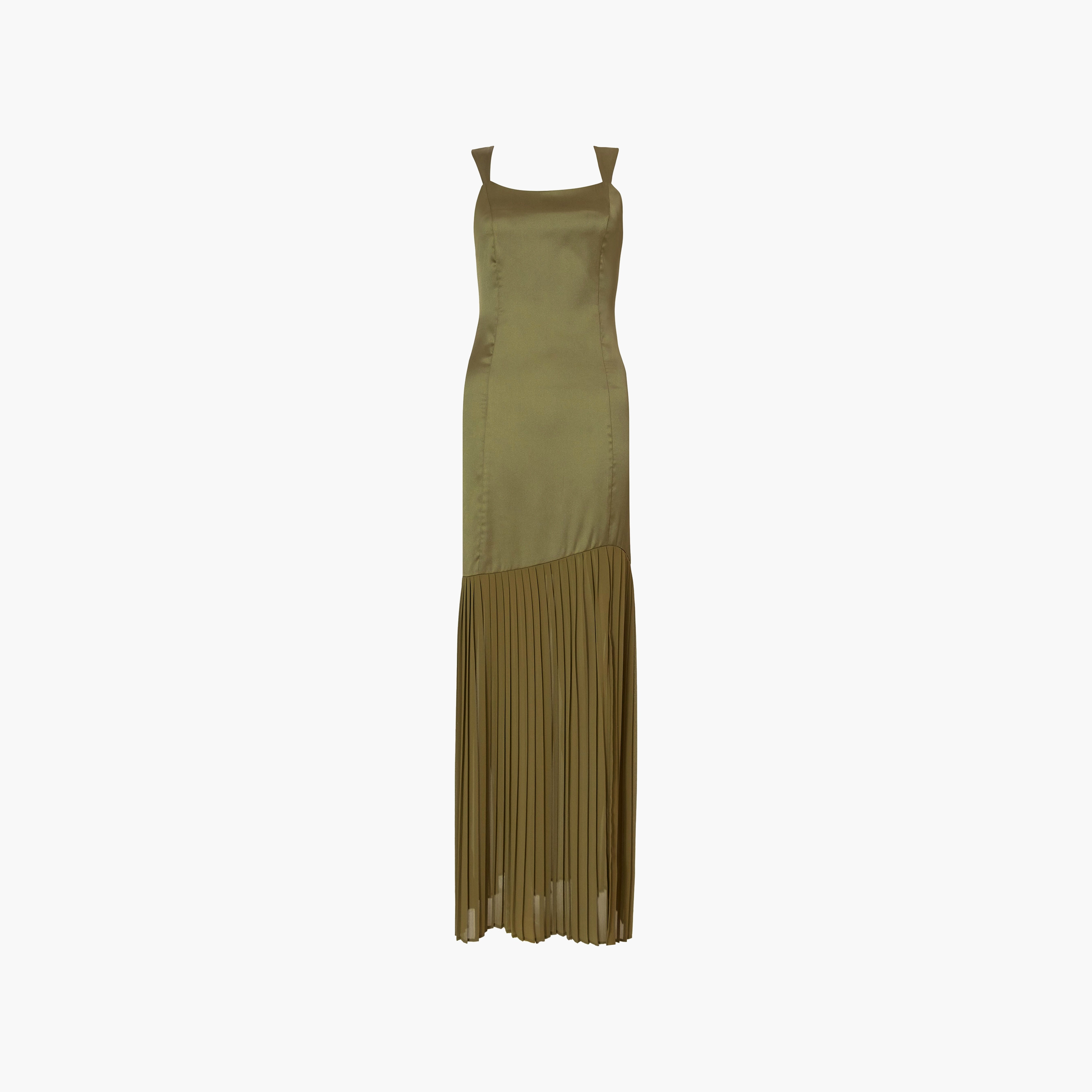 Quiz Pleated Satin Square Neck Slit Khaki Women's Evening Maxi Dress-women-clothing-dresses-image-5