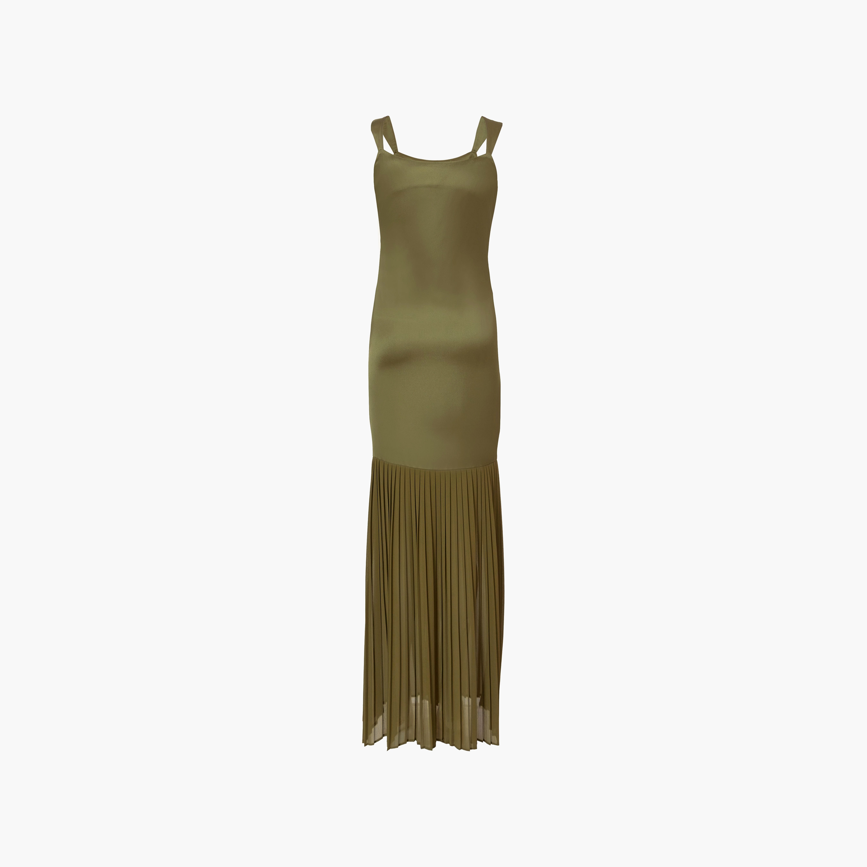 فستان سهرة ماكسي نسائي بلون كاكي بياقة مربعة وفتحة من الساتان المكسّر من كويز-women-clothing-dresses-image-6