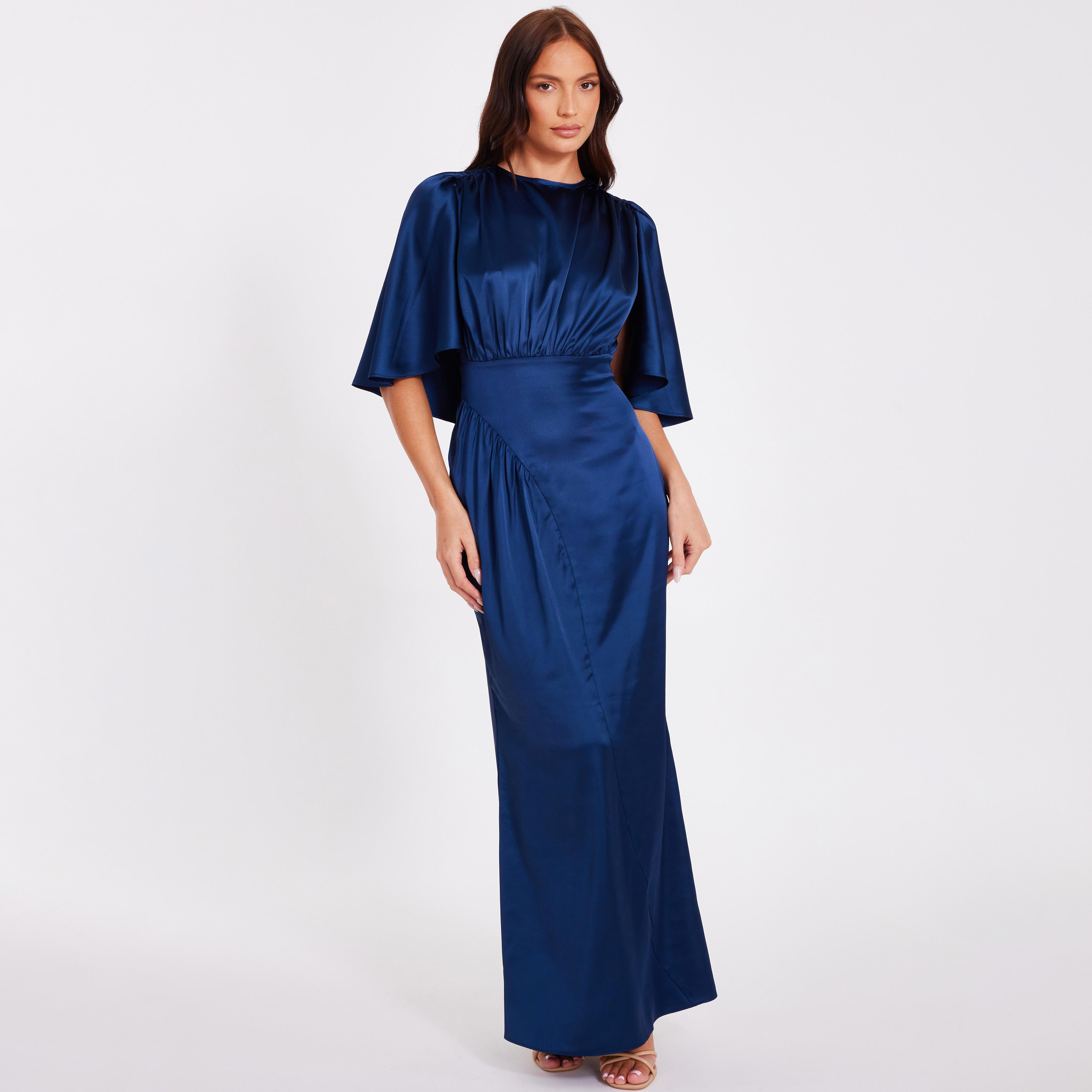 فستان ماكسي نسائي أزرق بأكمام كاب من الساتان المزموم وقصة عمودية من كويز.-women-clothing-dresses-image-1