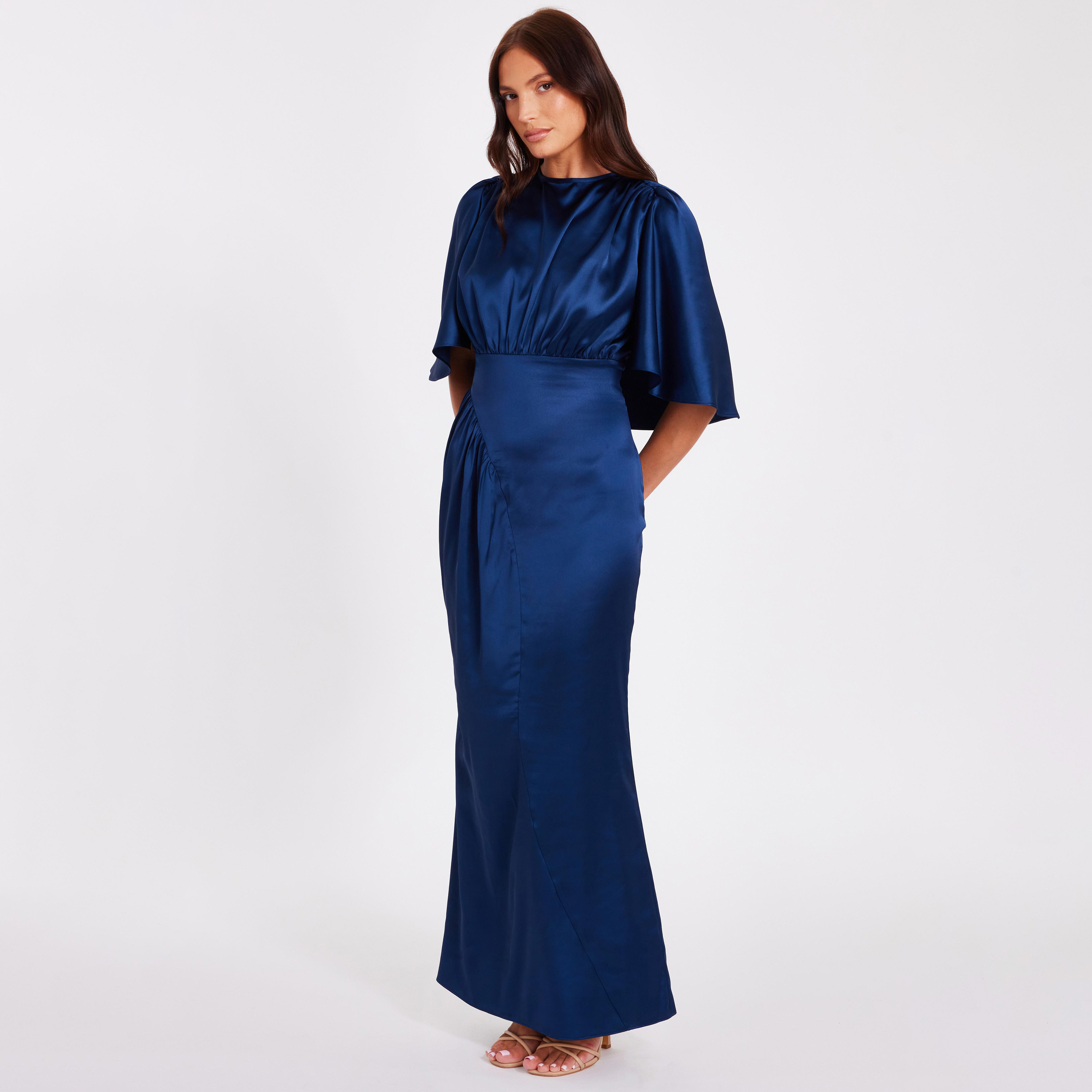فستان ماكسي نسائي أزرق بأكمام كاب من الساتان المزموم وقصة عمودية من كويز.-women-clothing-dresses-image-2