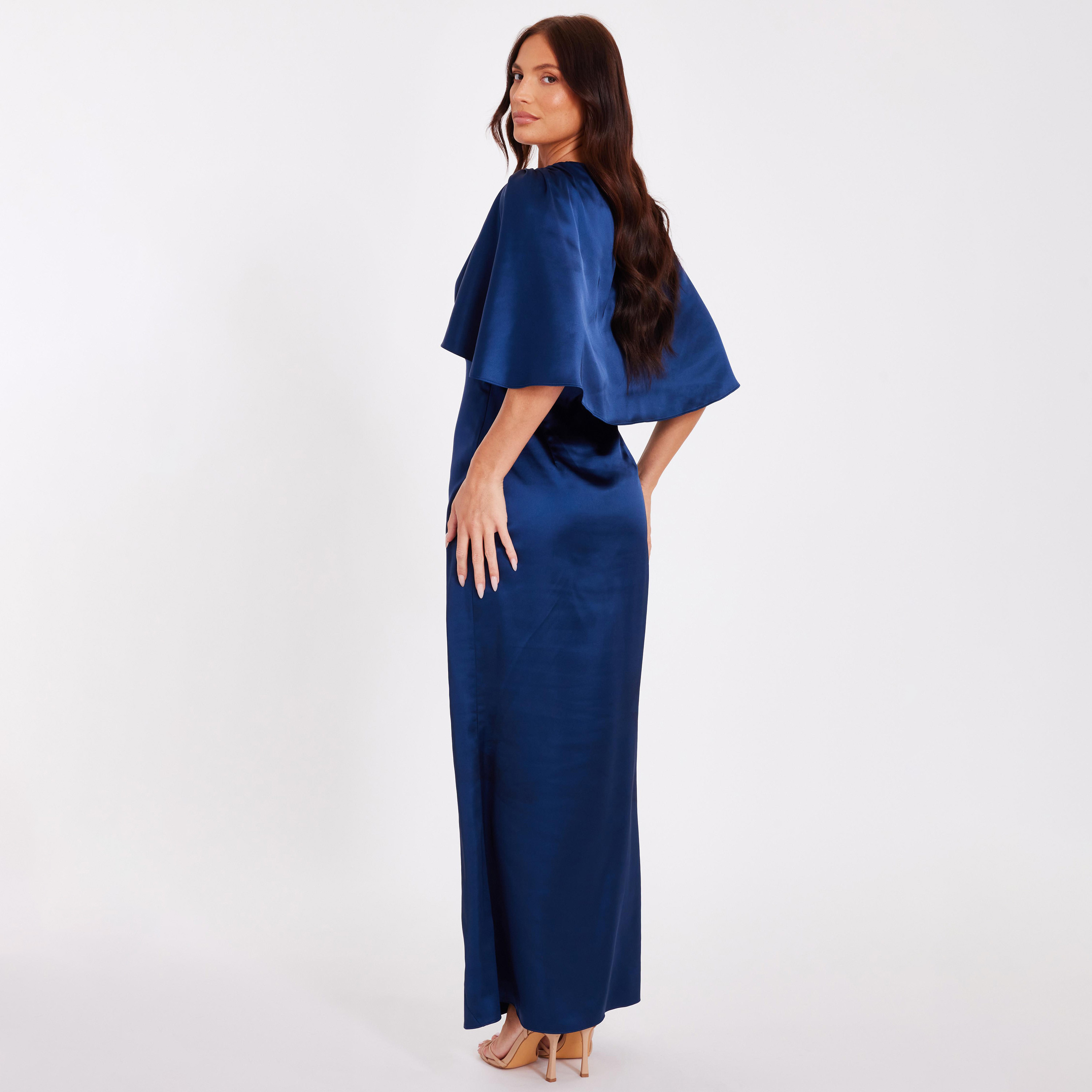 فستان ماكسي نسائي أزرق بأكمام كاب من الساتان المزموم وقصة عمودية من كويز.-women-clothing-dresses-image-3