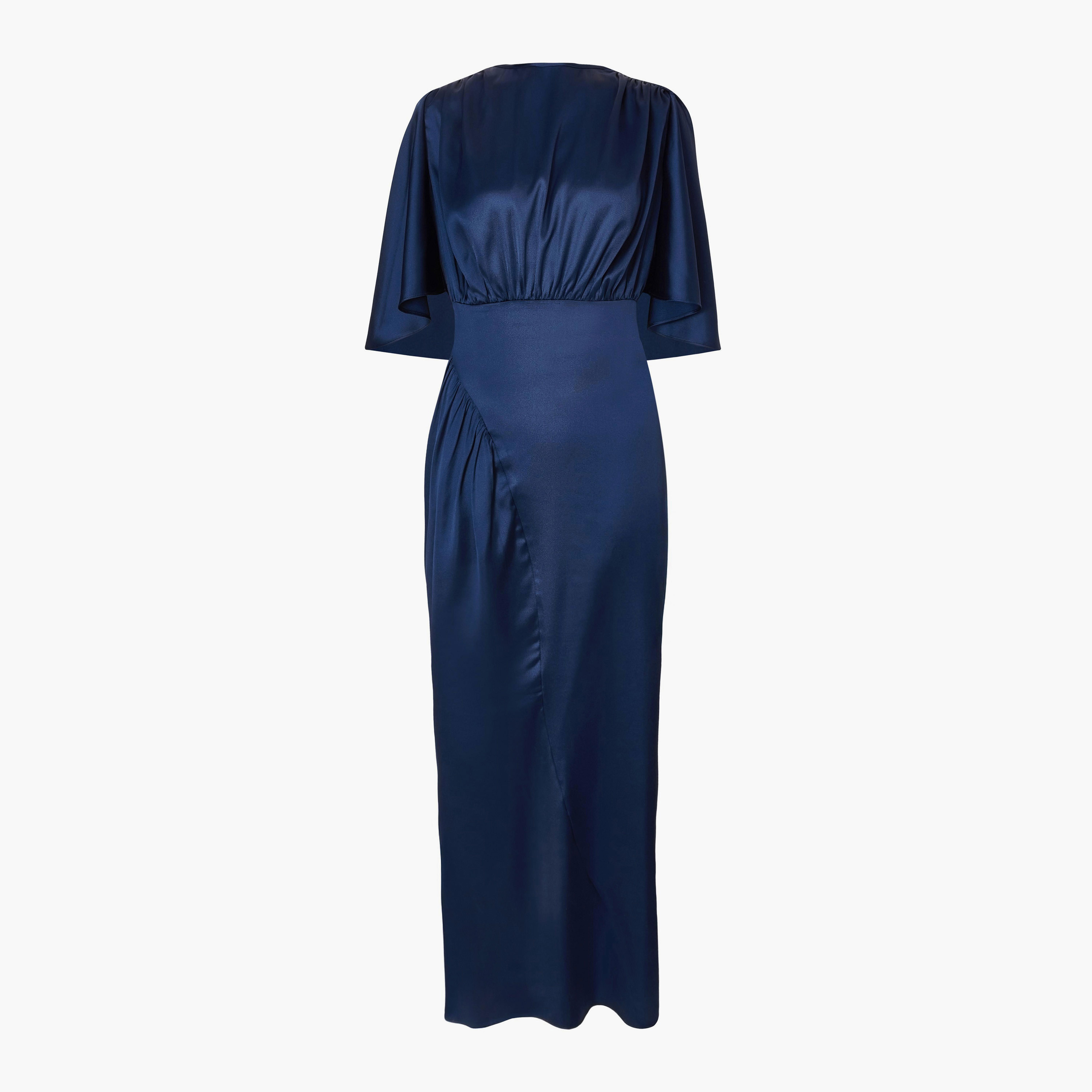 فستان ماكسي نسائي أزرق بأكمام كاب من الساتان المزموم وقصة عمودية من كويز.-women-clothing-dresses-image-5