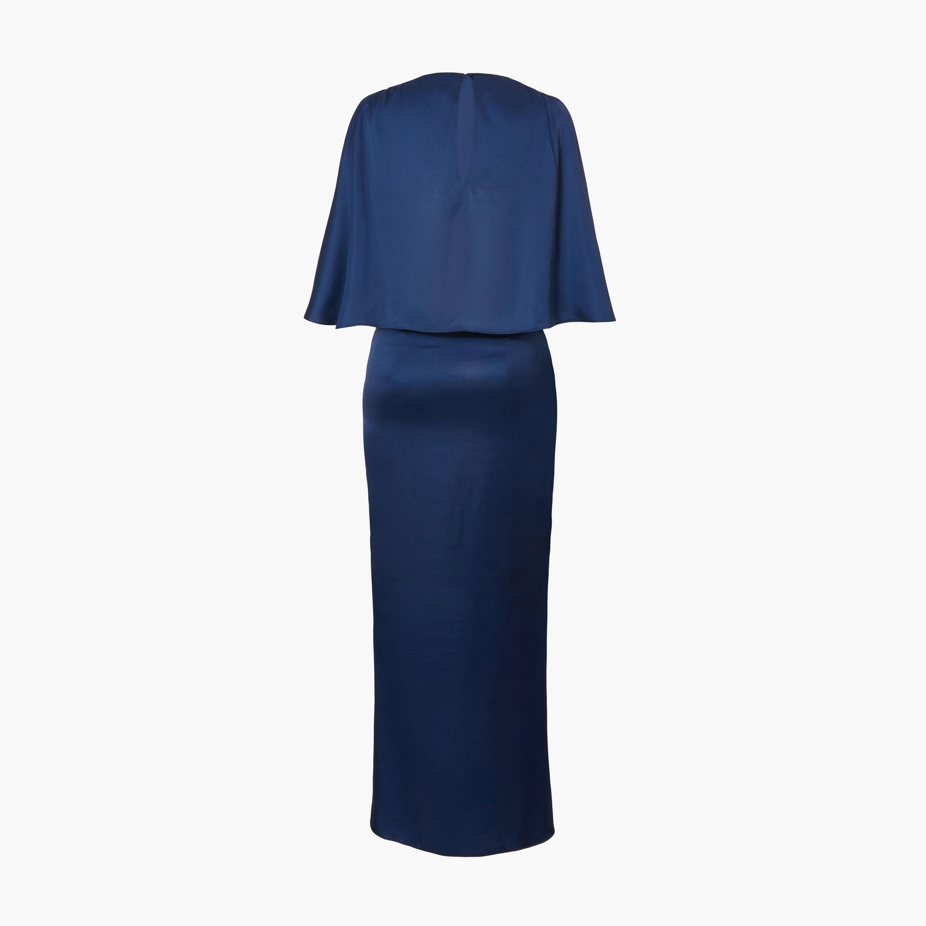فستان ماكسي نسائي أزرق بأكمام كاب من الساتان المزموم وقصة عمودية من كويز.-women-clothing-dresses-image-6