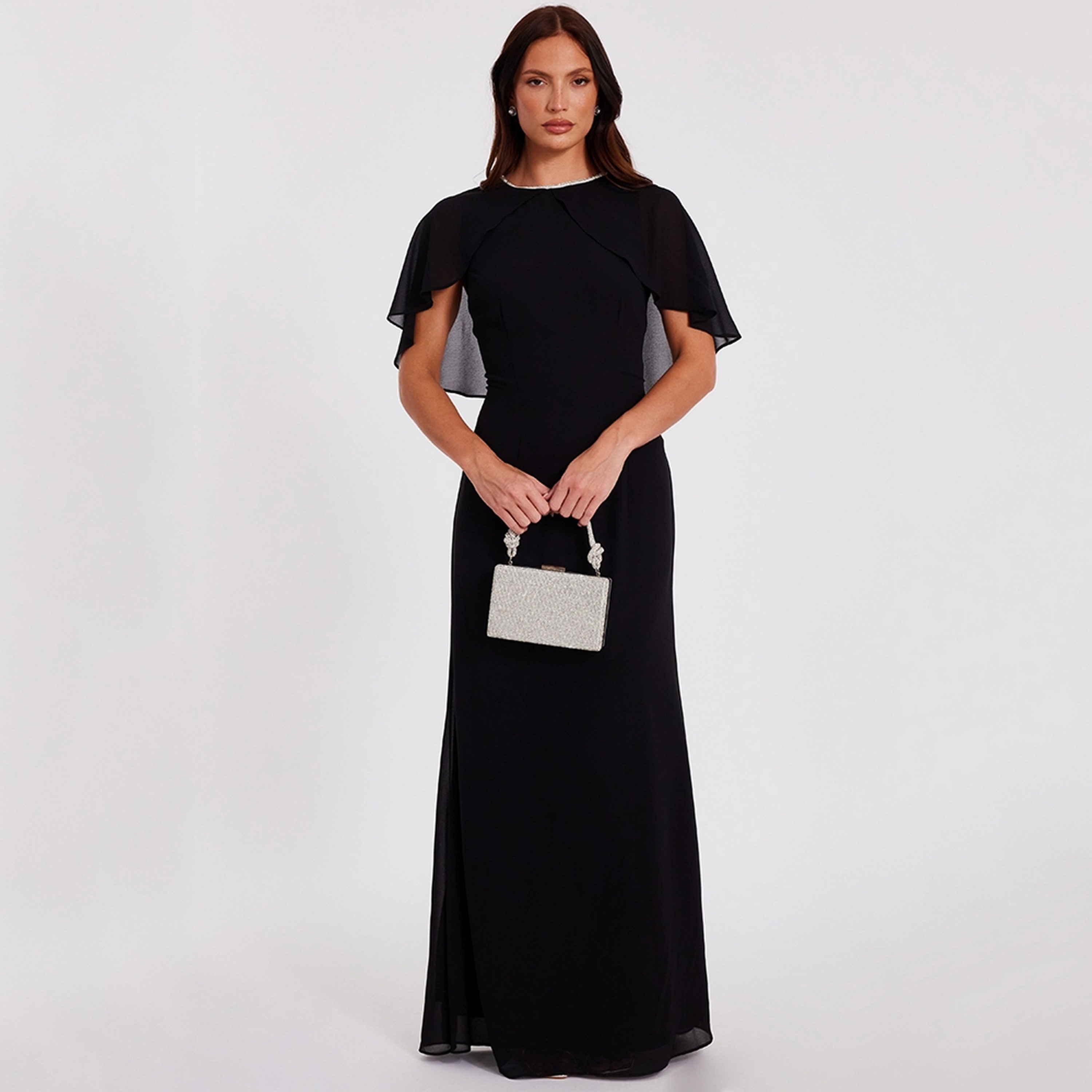 فستان ماكسي نسائي أسود بأكمام كاب من الشيفون من كويز.-women-clothing-dresses-image-1