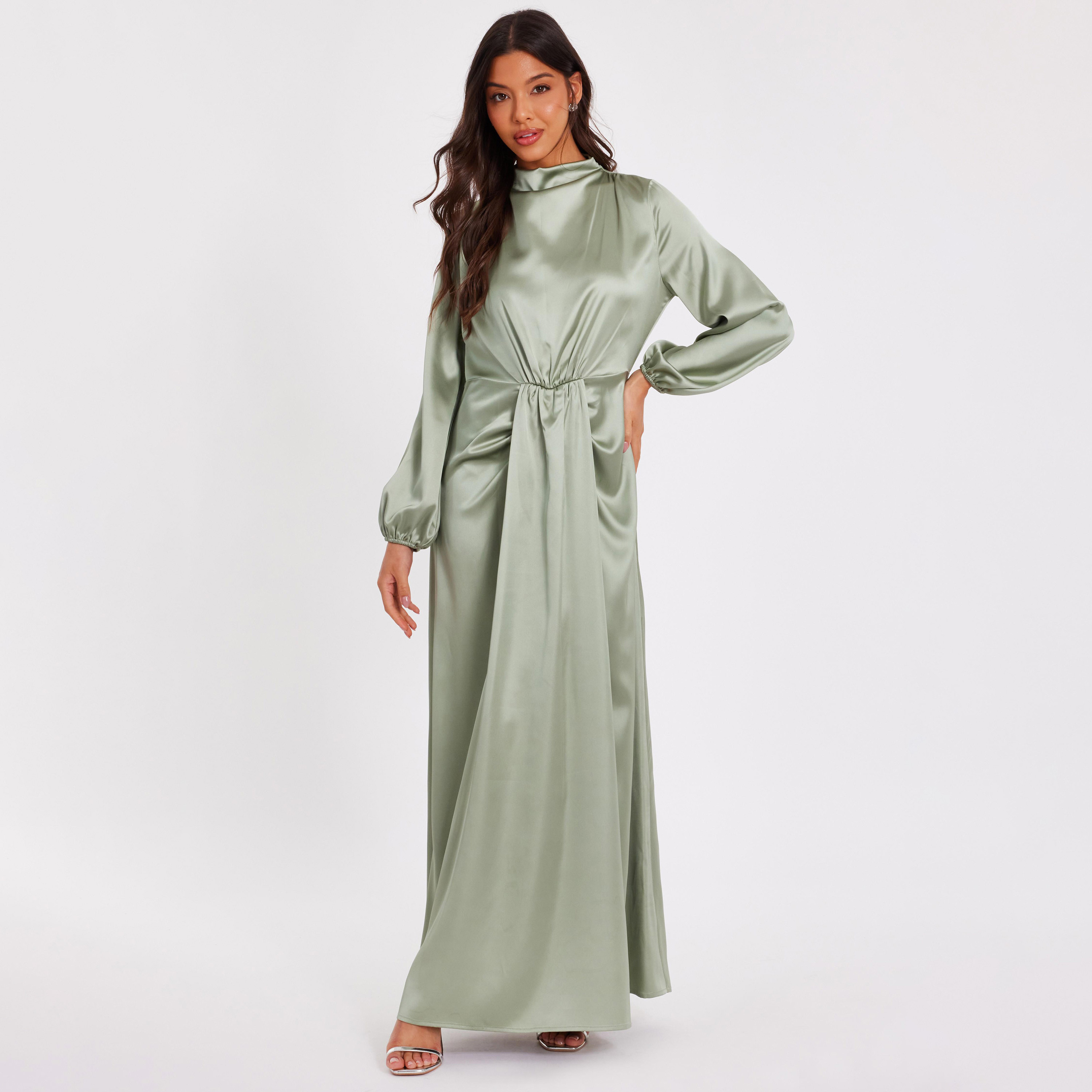 فستان سهرة ماكسي نسائي أخضر برقبة عالية وأكمام بالون من الساتان وقصة عمودية  من كويز.-women-clothing-dresses-image-1