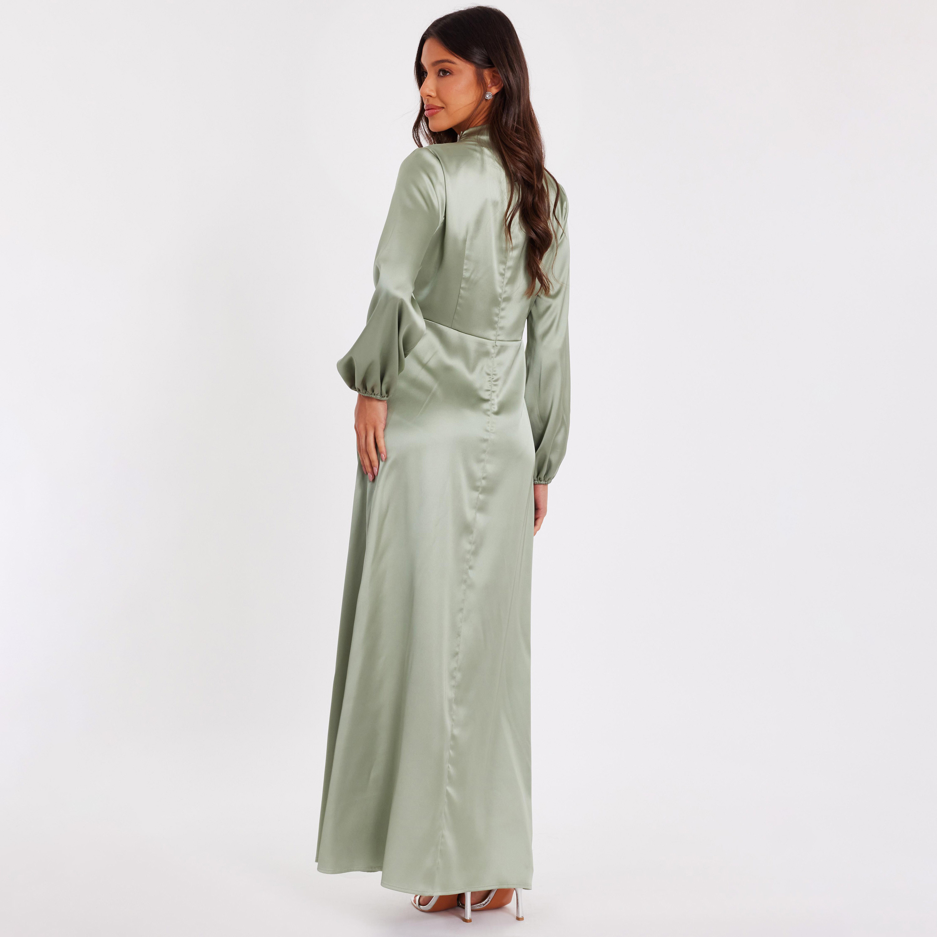 فستان سهرة ماكسي نسائي أخضر برقبة عالية وأكمام بالون من الساتان وقصة عمودية  من كويز.-women-clothing-dresses-image-3