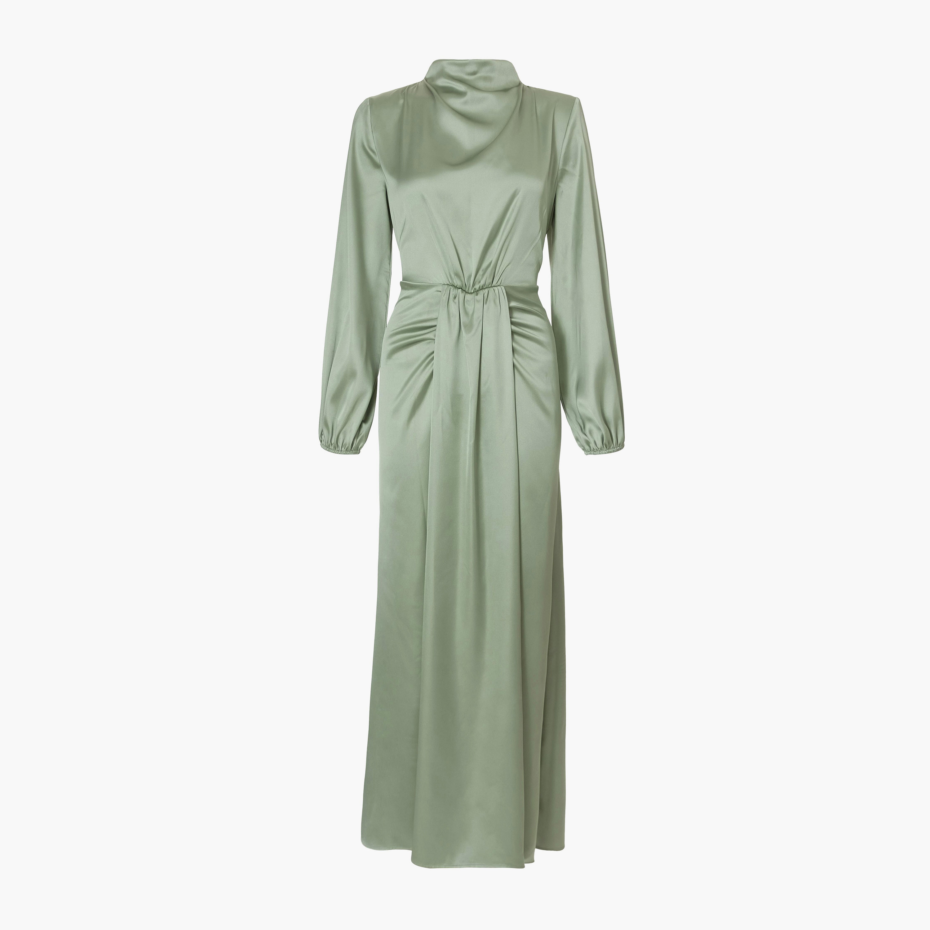 فستان سهرة ماكسي نسائي أخضر برقبة عالية وأكمام بالون من الساتان وقصة عمودية  من كويز.-women-clothing-dresses-image-5