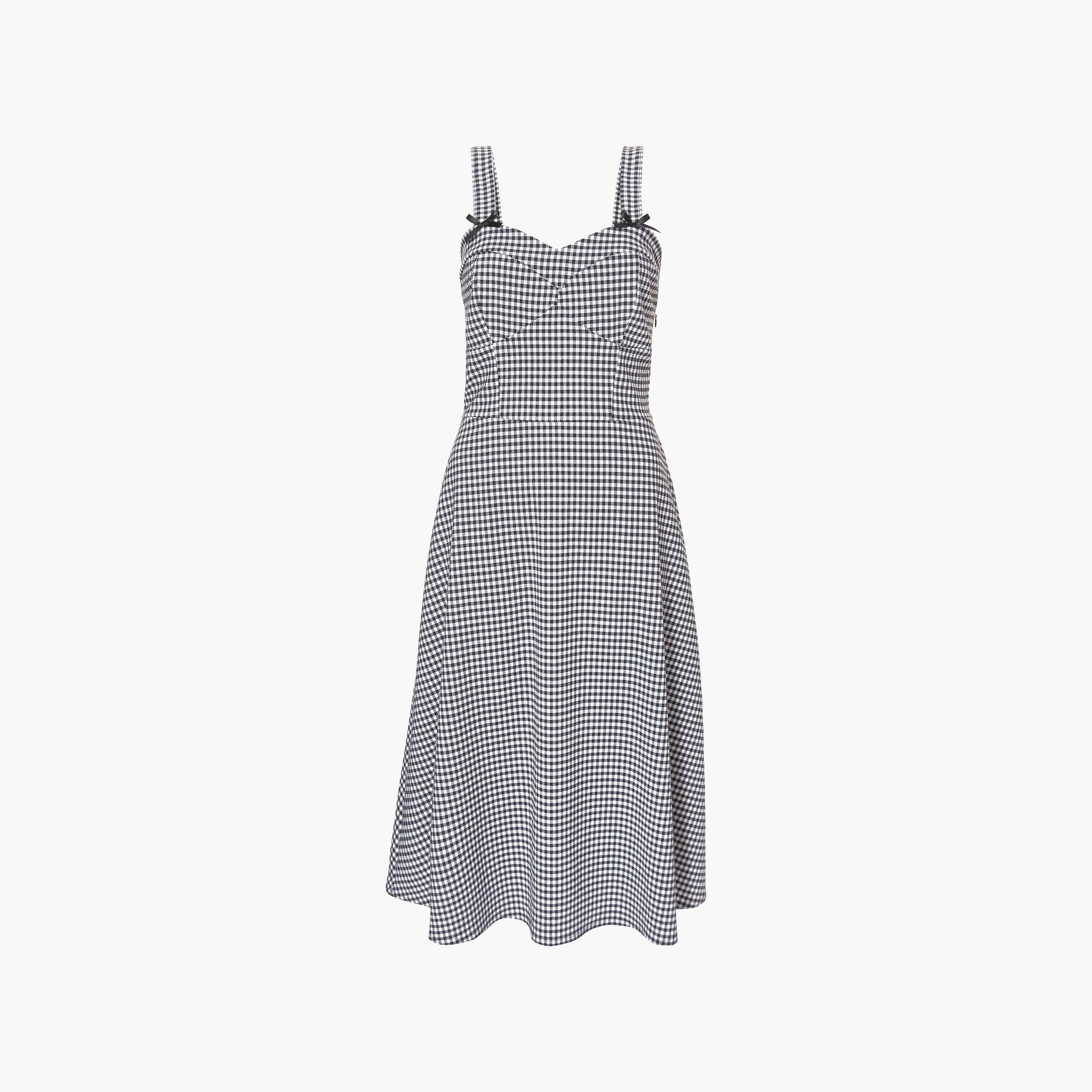 فستان ميدي نسائي بلون أسود بياقة على شكل قلب ونقشة غينغهام المربعات من كويز-women-clothing-dresses-image-5