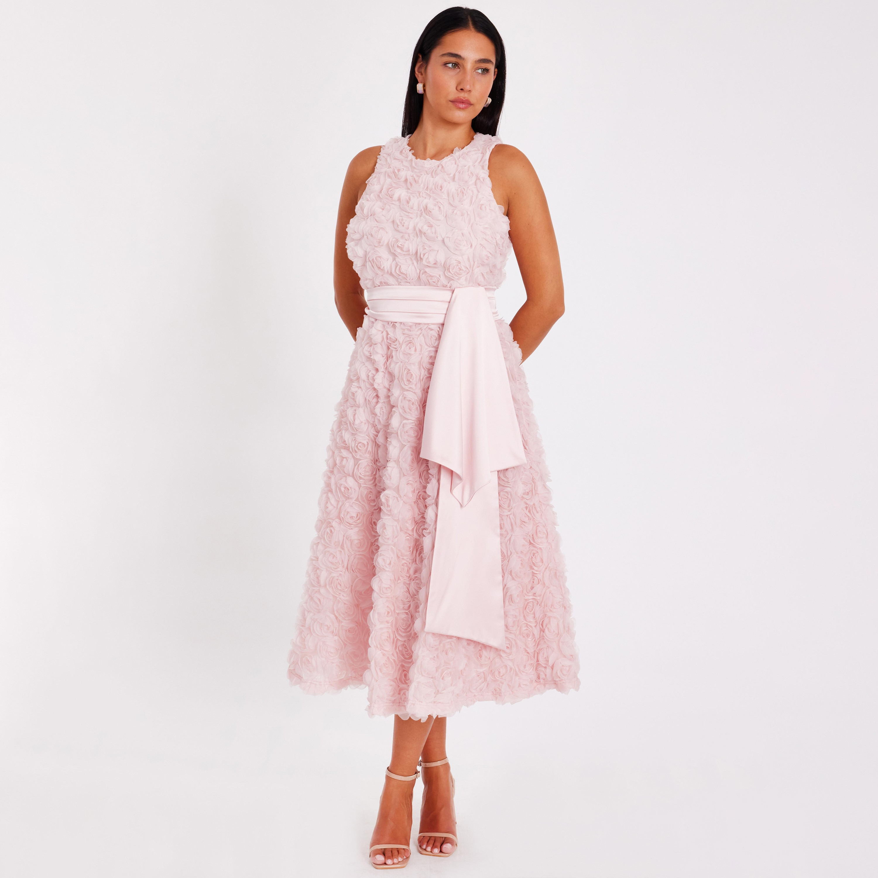 Quiz 3D Floral Chiffon Round Neck Skater Blush Women's Evening Midi Dress with Satin Belt-women-clothing-dresses-image-1