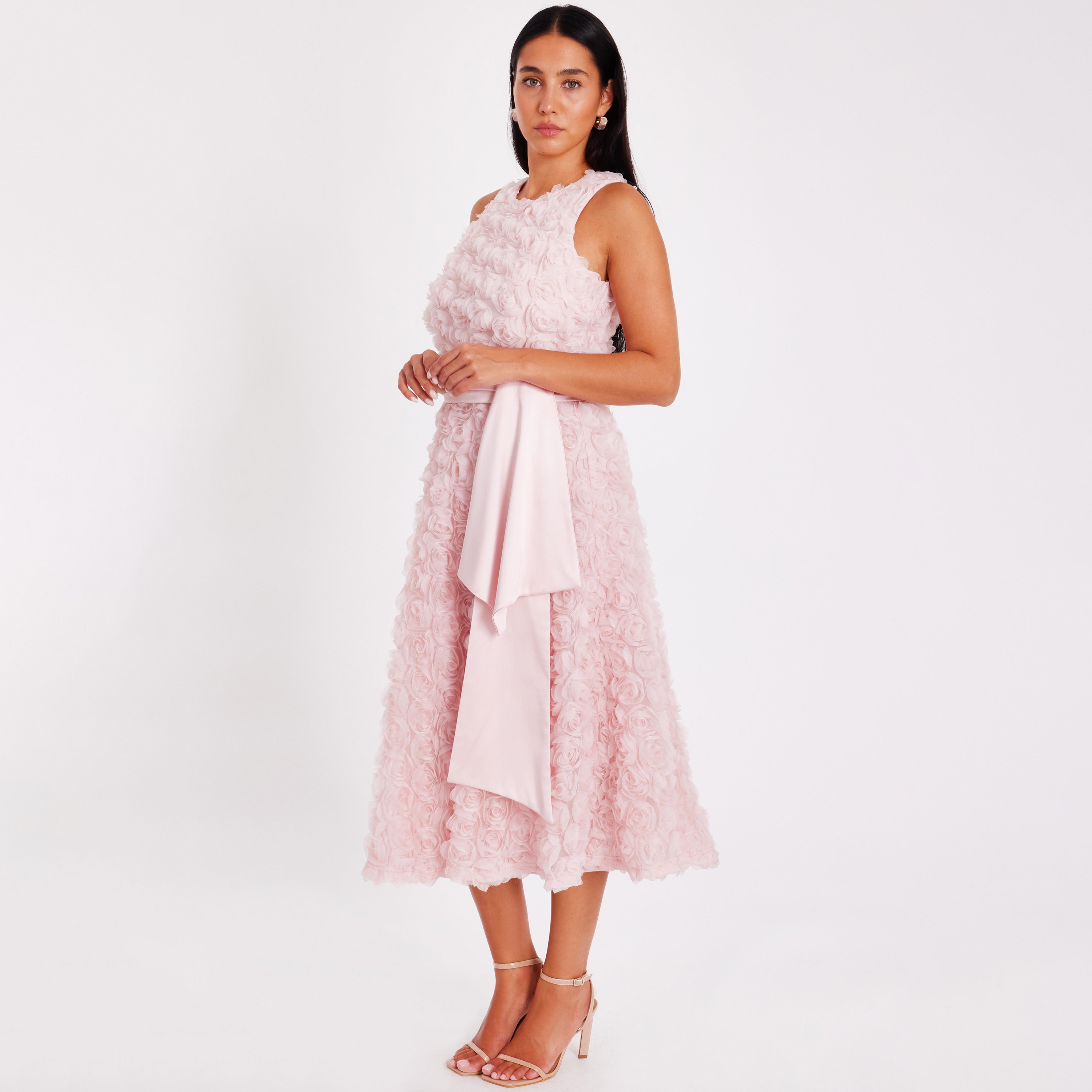 Quiz 3D Floral Chiffon Round Neck Skater Blush Women's Evening Midi Dress with Satin Belt-women-clothing-dresses-image-2