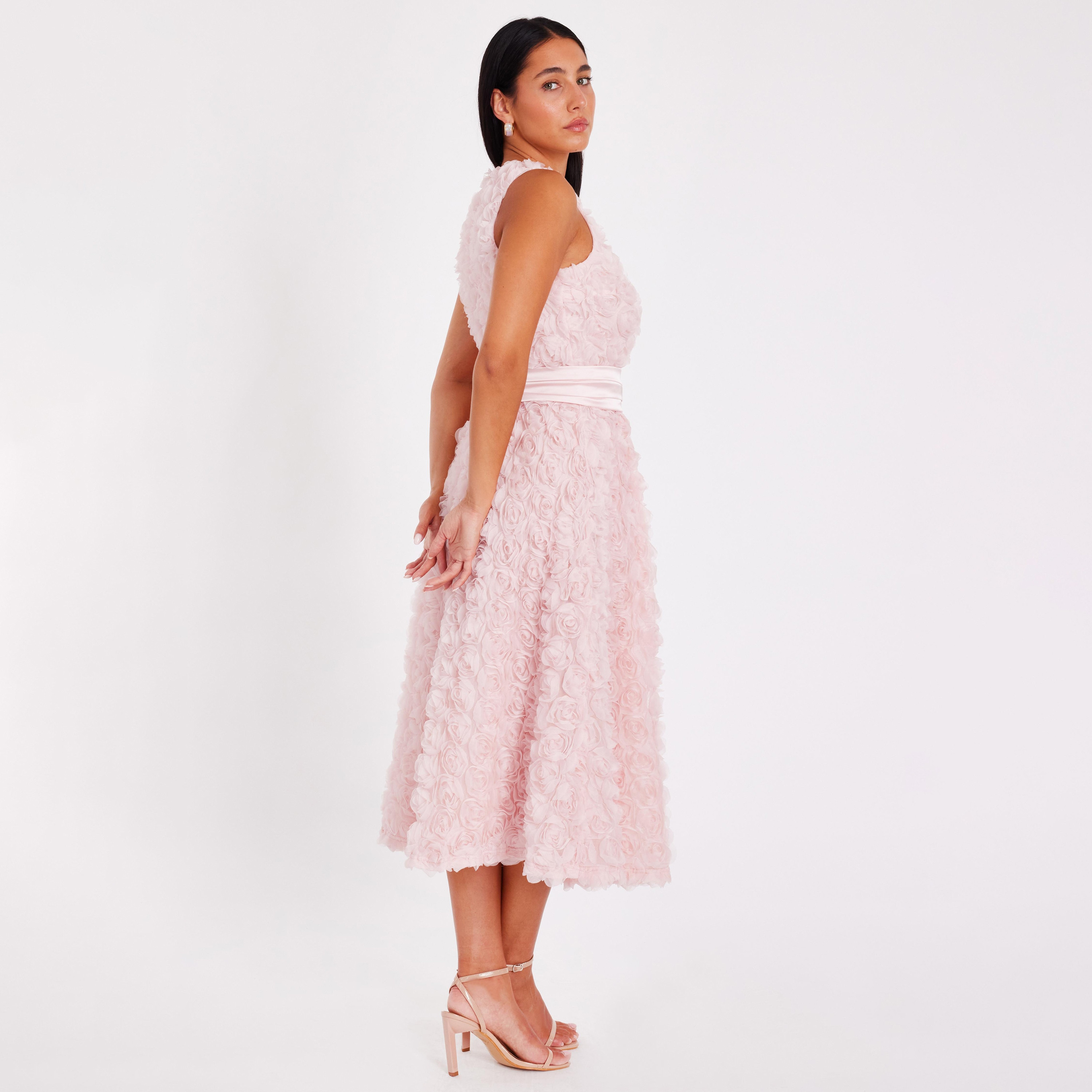 Quiz 3D Floral Chiffon Round Neck Skater Blush Women's Evening Midi Dress with Satin Belt-women-clothing-dresses-image-3