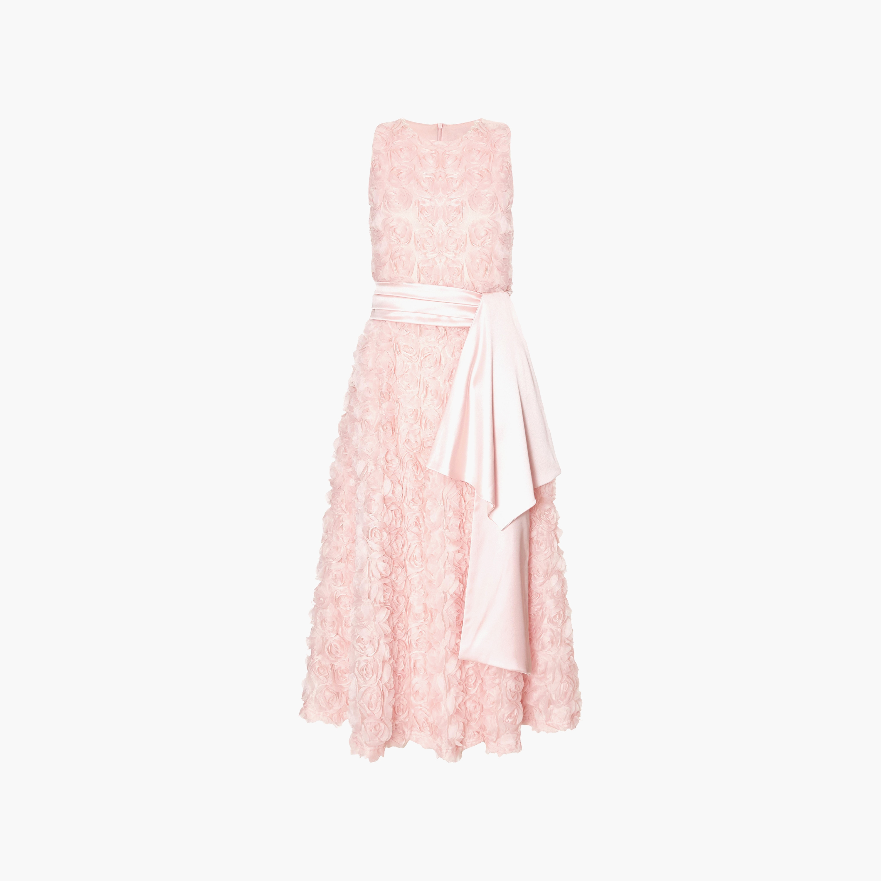 Quiz 3D Floral Chiffon Round Neck Skater Blush Women's Evening Midi Dress with Satin Belt-women-clothing-dresses-image-5