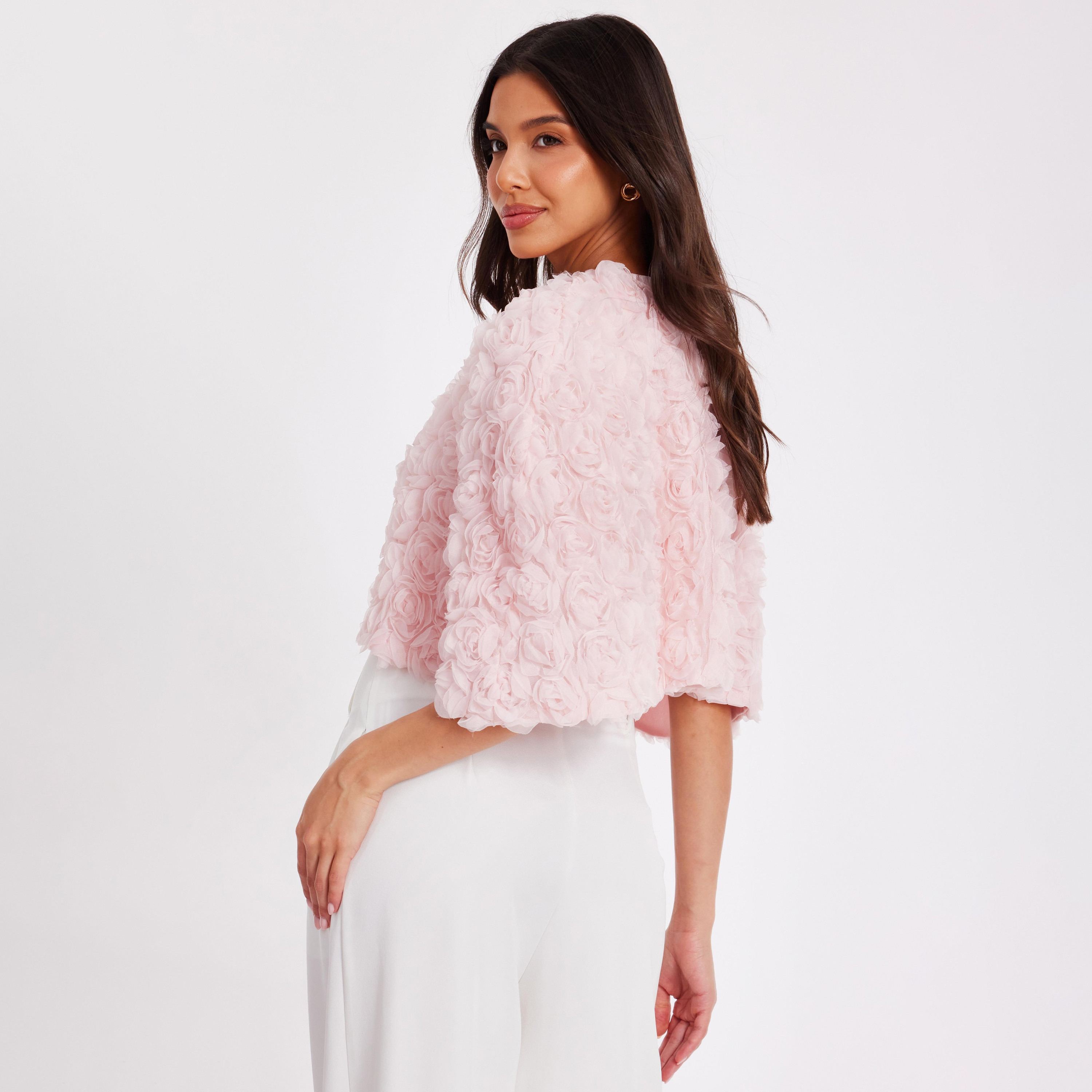 Quiz 3D Floral Chiffon Blush Women's Evening Crop Cape Jacket-women-winterwear-coatsandjackets-jackets-image-3