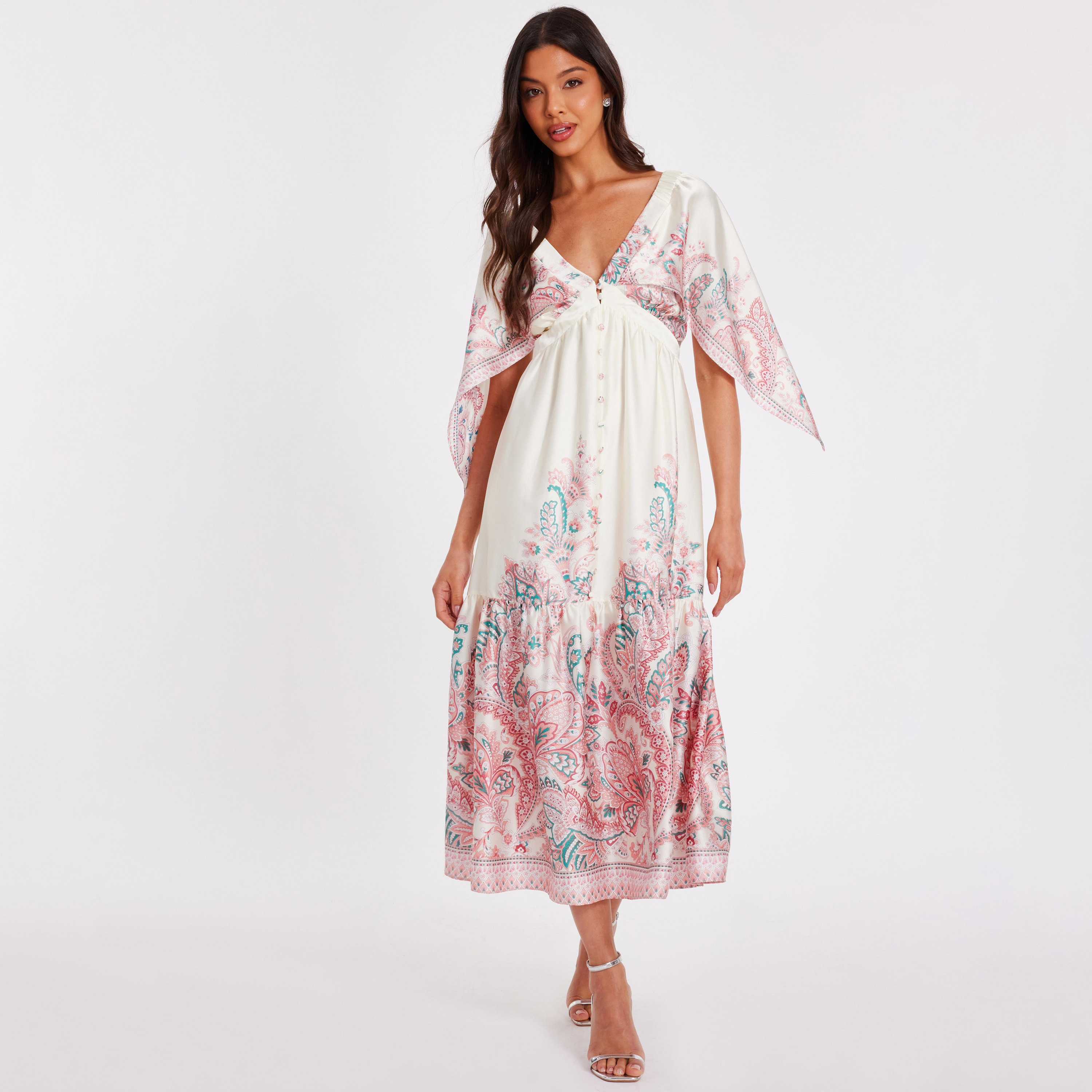 Quiz Paisley Satin Flared Sleeves Tiered Multicolour Women's Midi Dress-women-clothing-dresses-image-1