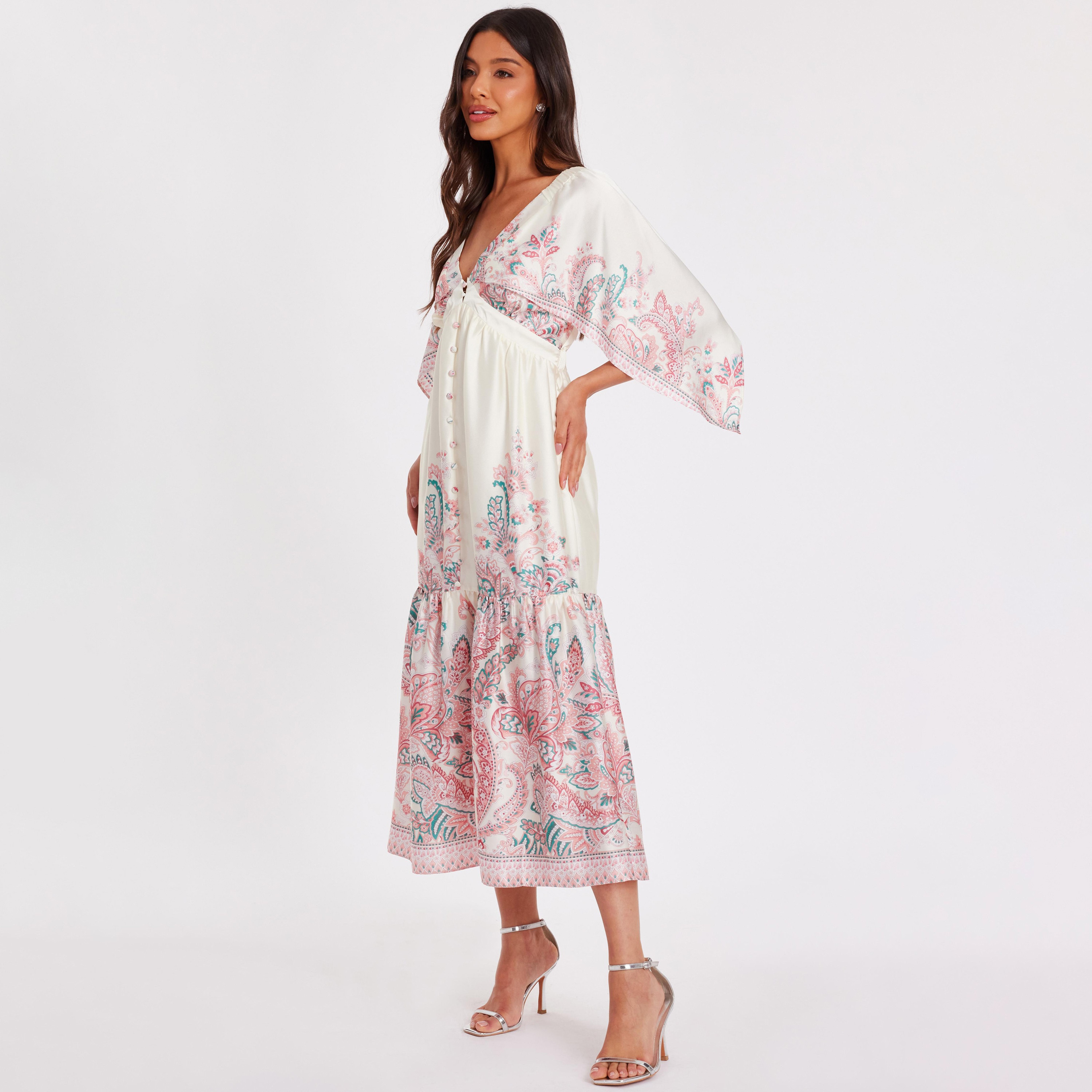 Quiz Paisley Satin Flared Sleeves Tiered Multicolour Women's Midi Dress-women-clothing-dresses-image-2