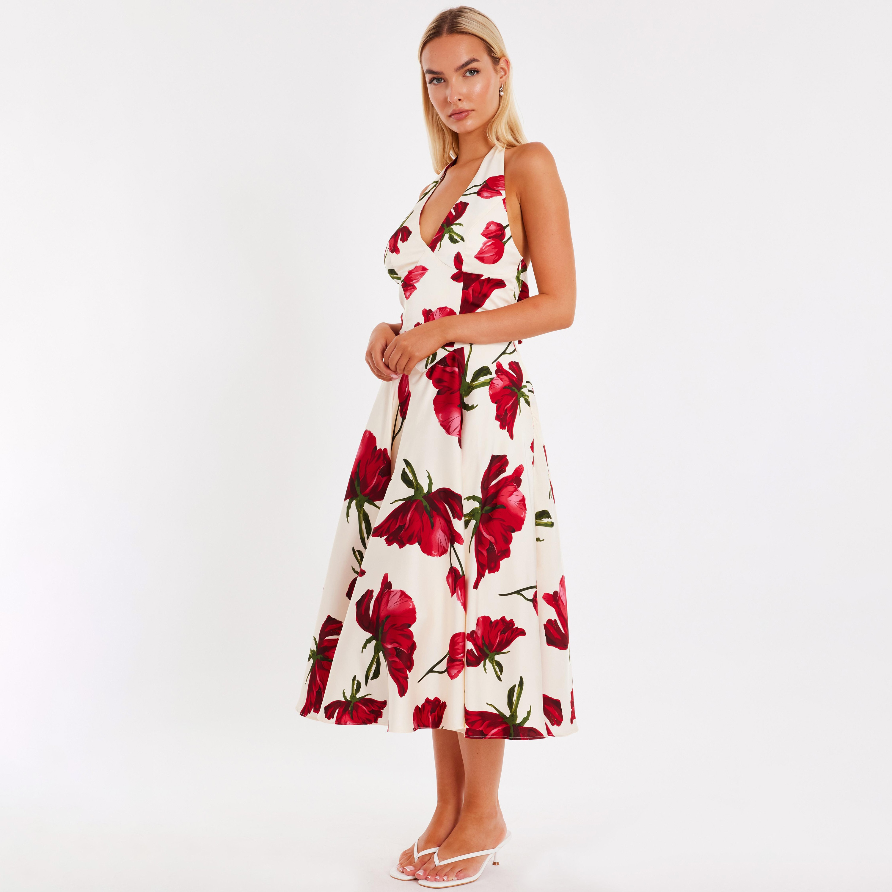 Quiz Floral Print Satin Halter Neck Skater Cream Women's Evening Midi Dress-women-clothing-dresses-image-2