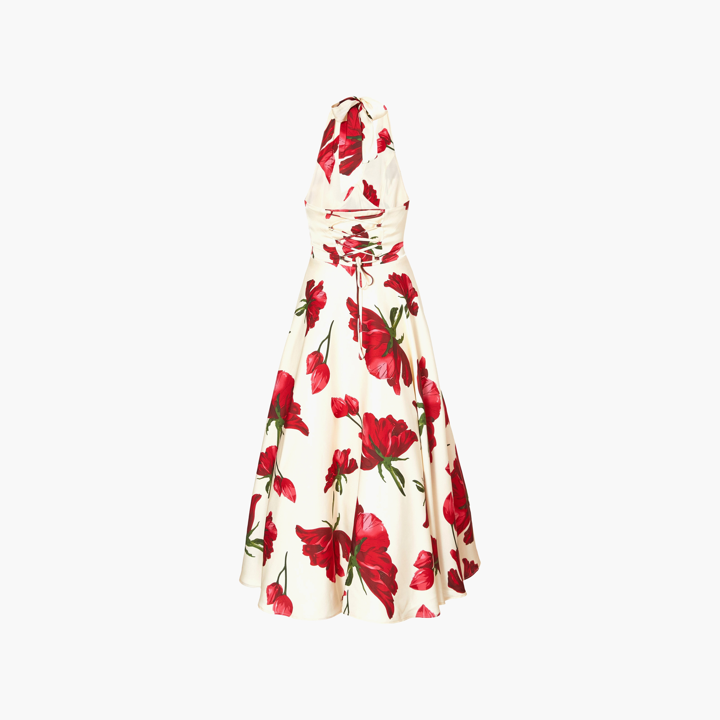 Quiz Floral Print Satin Halter Neck Skater Cream Women's Evening Midi Dress-women-clothing-dresses-image-6