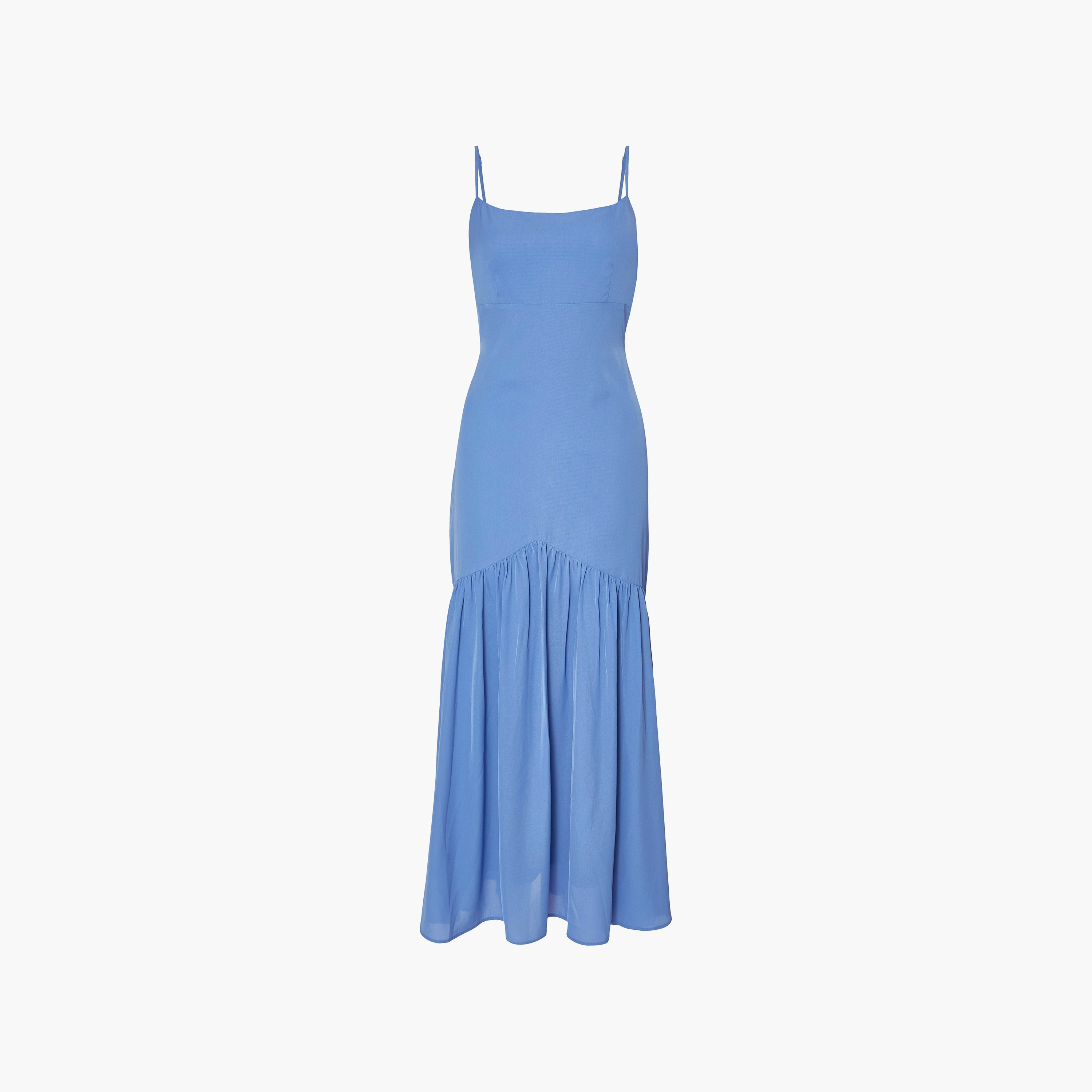 فستان سهرة ماكسي نسائي بلون أزرق بحمالات رفيعة وقماش مِش وحافة ساقطة من كويز-women-clothing-dresses-image-5