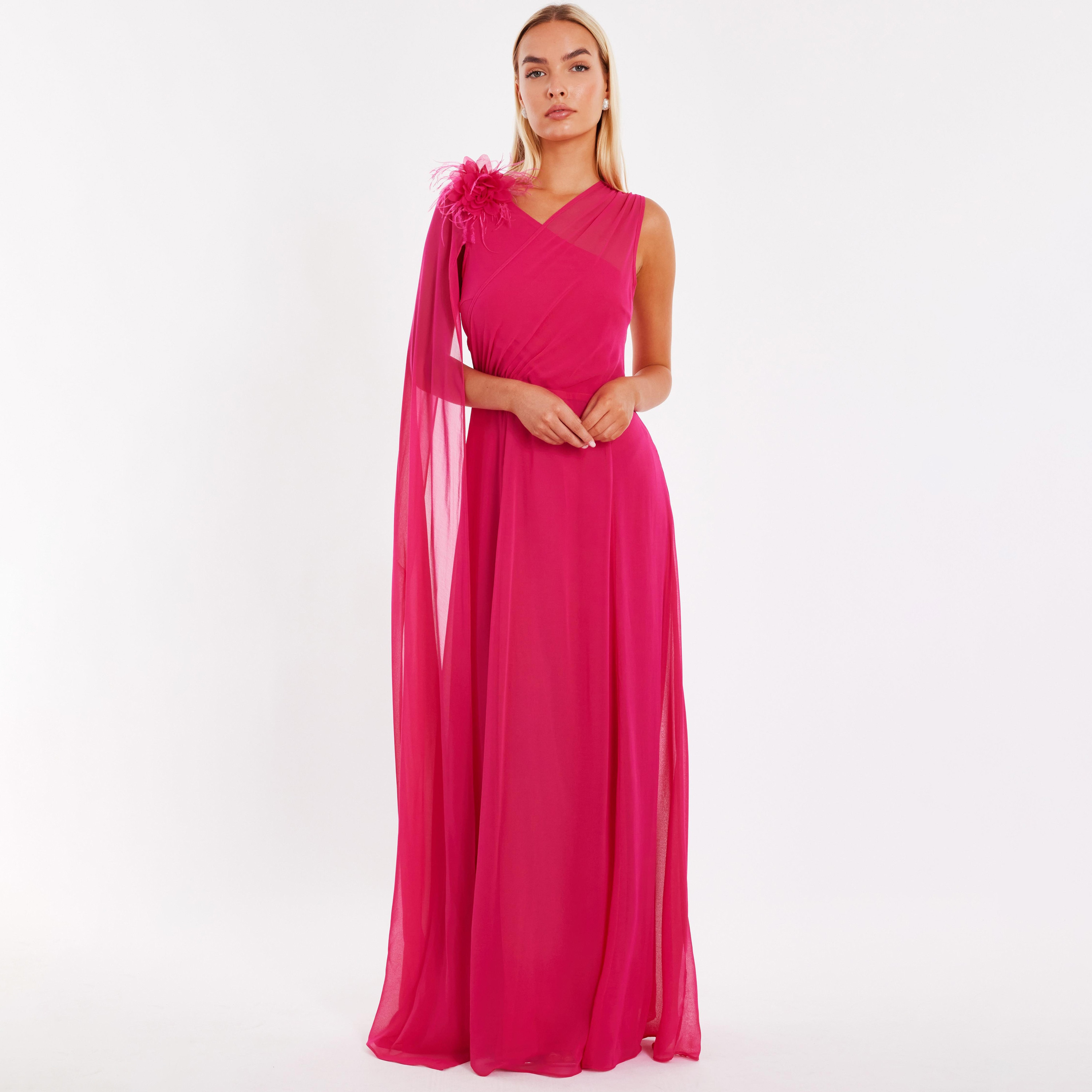 Quiz Chiffon Surplice Neck Cape Sleeves Column Magenta Women's Evening Maxi Dress-women-clothing-dresses-image-1