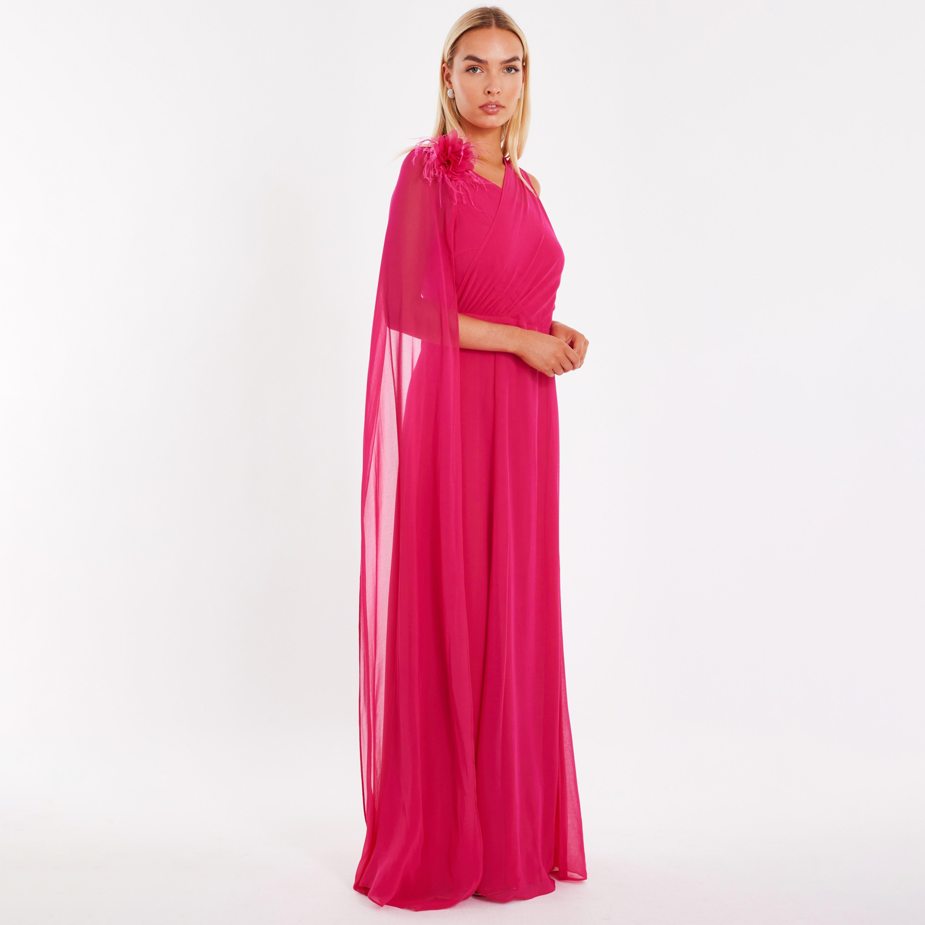 Quiz Chiffon Surplice Neck Cape Sleeves Column Magenta Women's Evening Maxi Dress-women-clothing-dresses-image-2