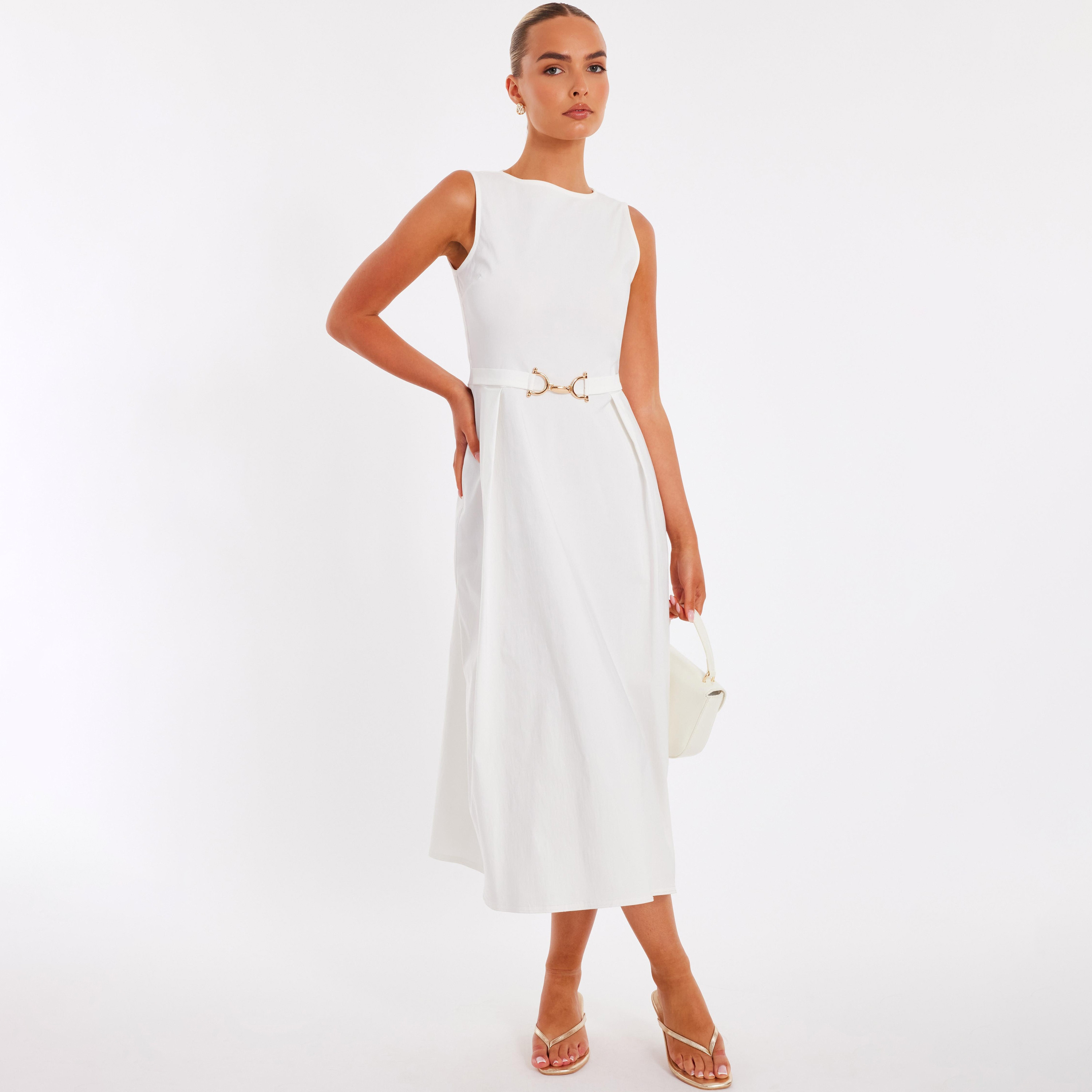 Quiz Bengaline Round Neck Skater White Women's Evening Midi Dress-women-clothing-dresses-image-1