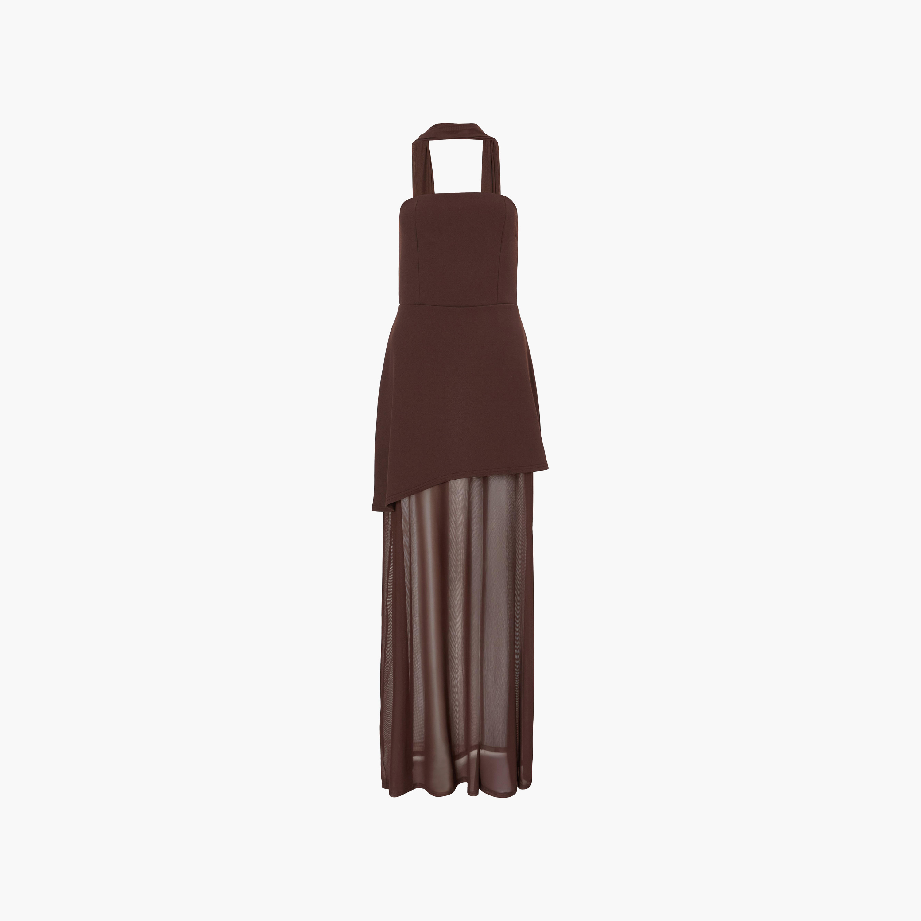 فستان نسائي "باندو" بدون حمالات قماش سكوبا كريب مع تنورة ووشاح - بني من كويز-women-clothing-dresses-image-5