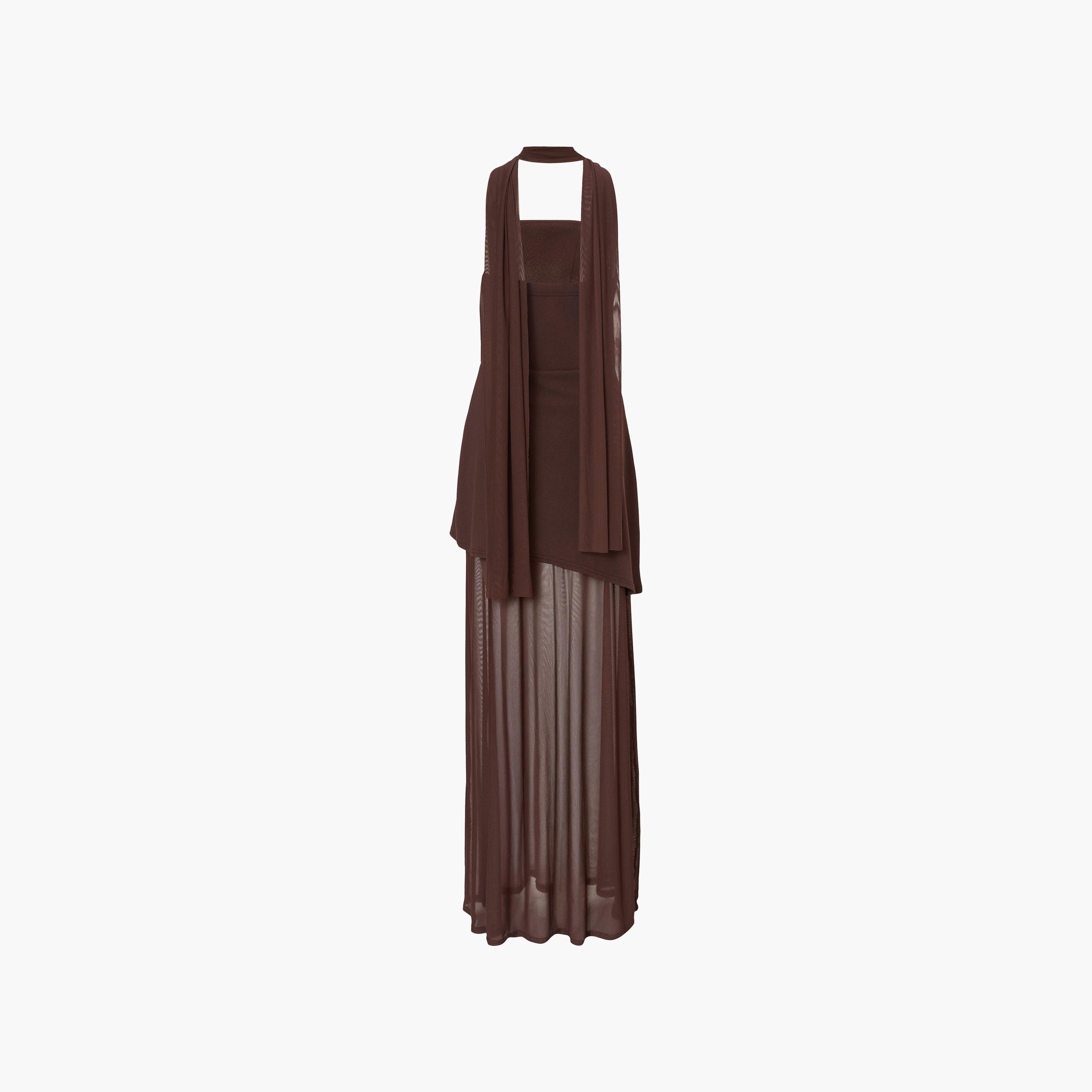 فستان نسائي "باندو" بدون حمالات قماش سكوبا كريب مع تنورة ووشاح - بني من كويز-women-clothing-dresses-image-6