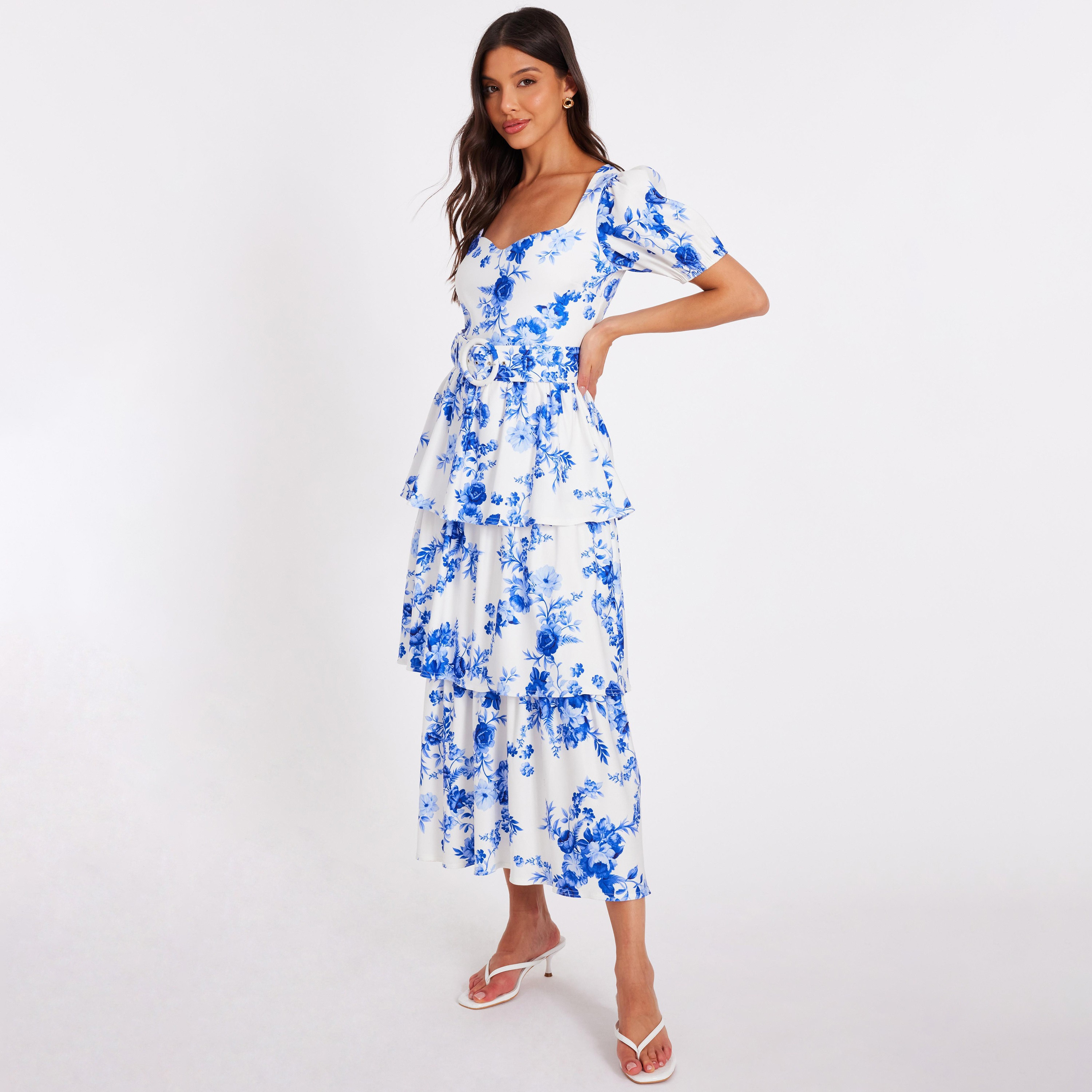 Quiz Floral Print Sweetheart Neck Puff Sleeves Layered White Women's Midi Dress-women-clothing-dresses-image-2