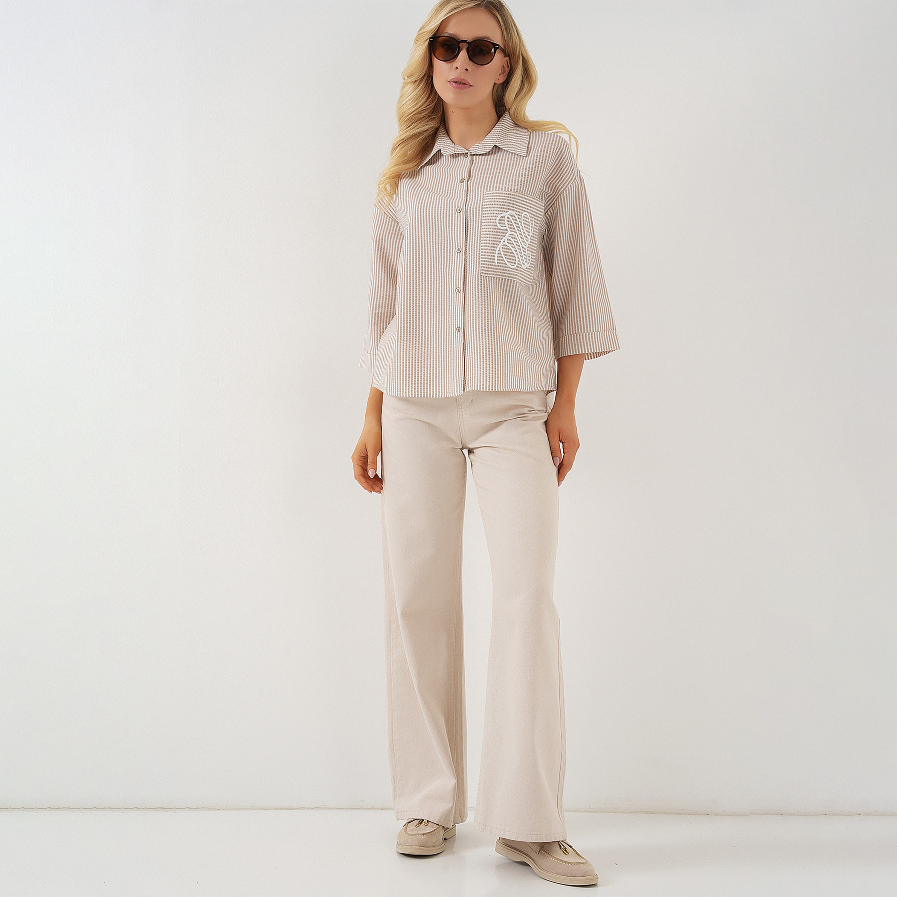 Bigdart Striped Collared Beige Women's Shirt-women-clothing-shirtsandblouses-shirts-image-1
