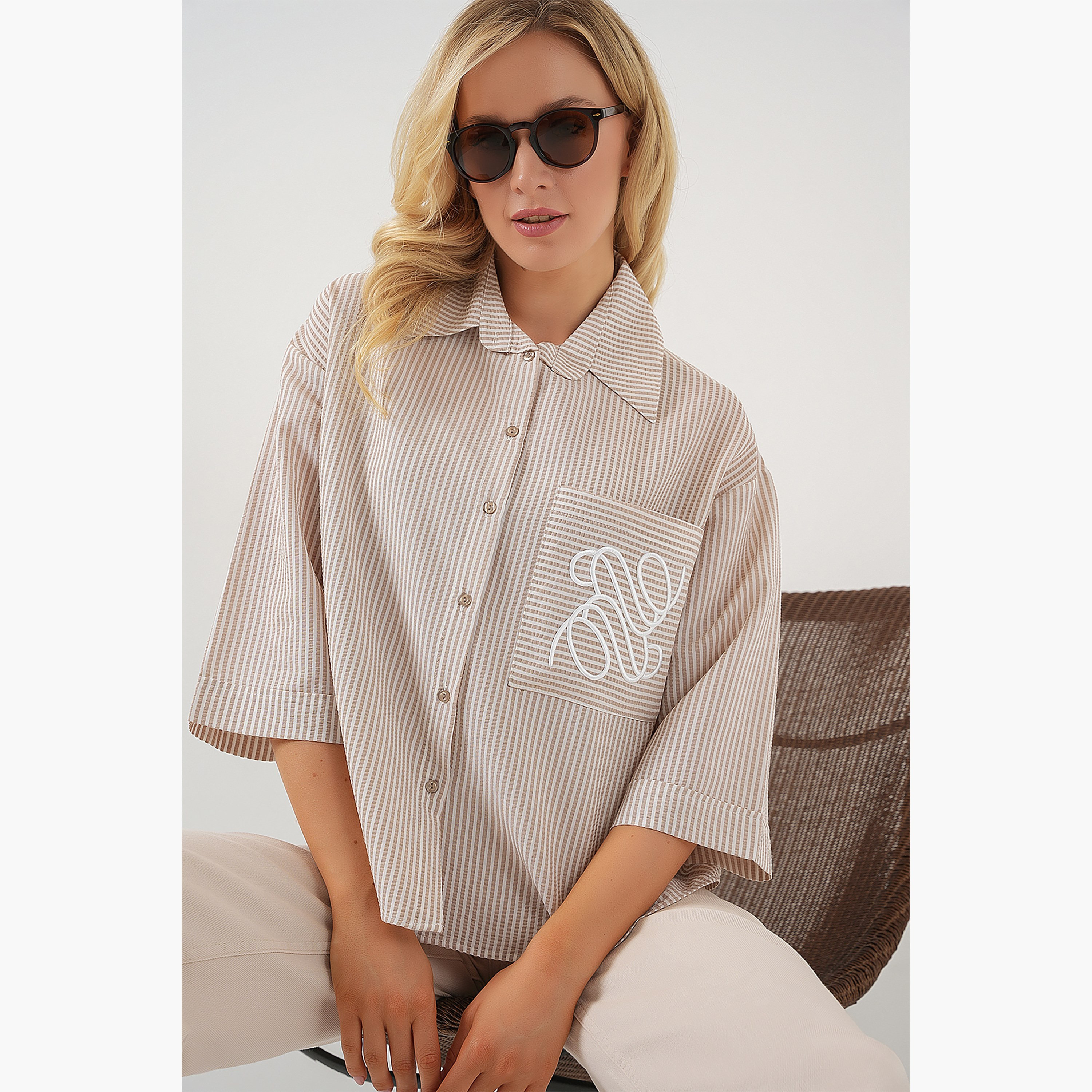 Bigdart Striped Collared Beige Women's Shirt-women-clothing-shirtsandblouses-shirts-image-4