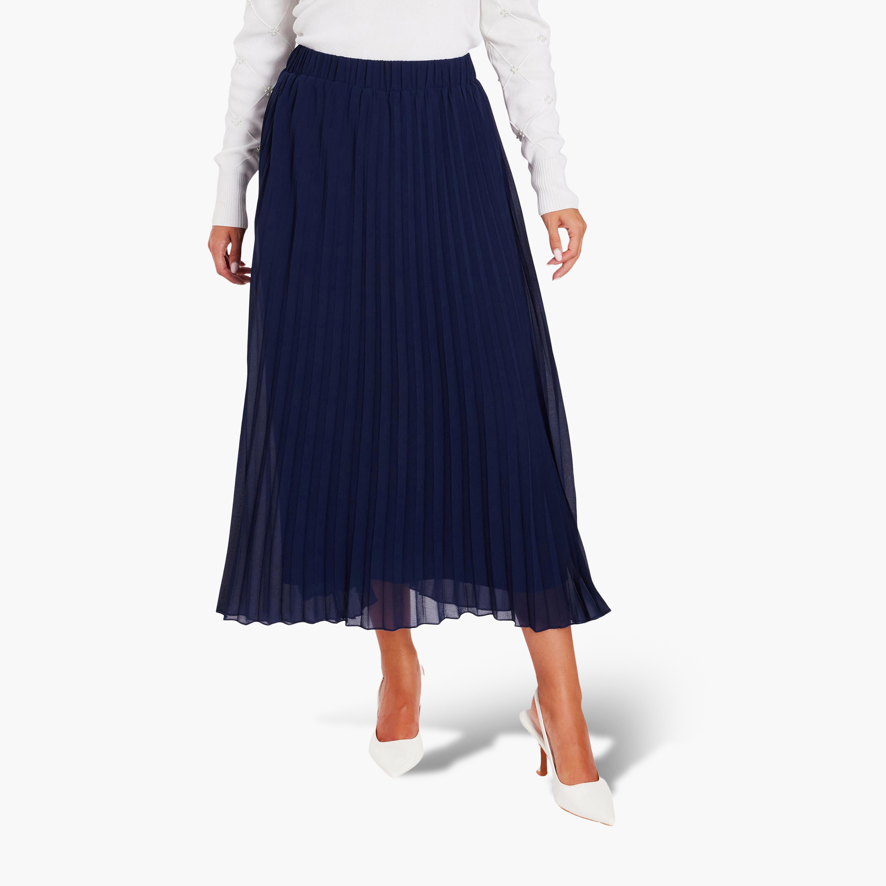 تنورة ميدي نسائية بلون كحلي من الشيفون بكسرات من كويز-women-clothing-bottoms-skirts-image-1