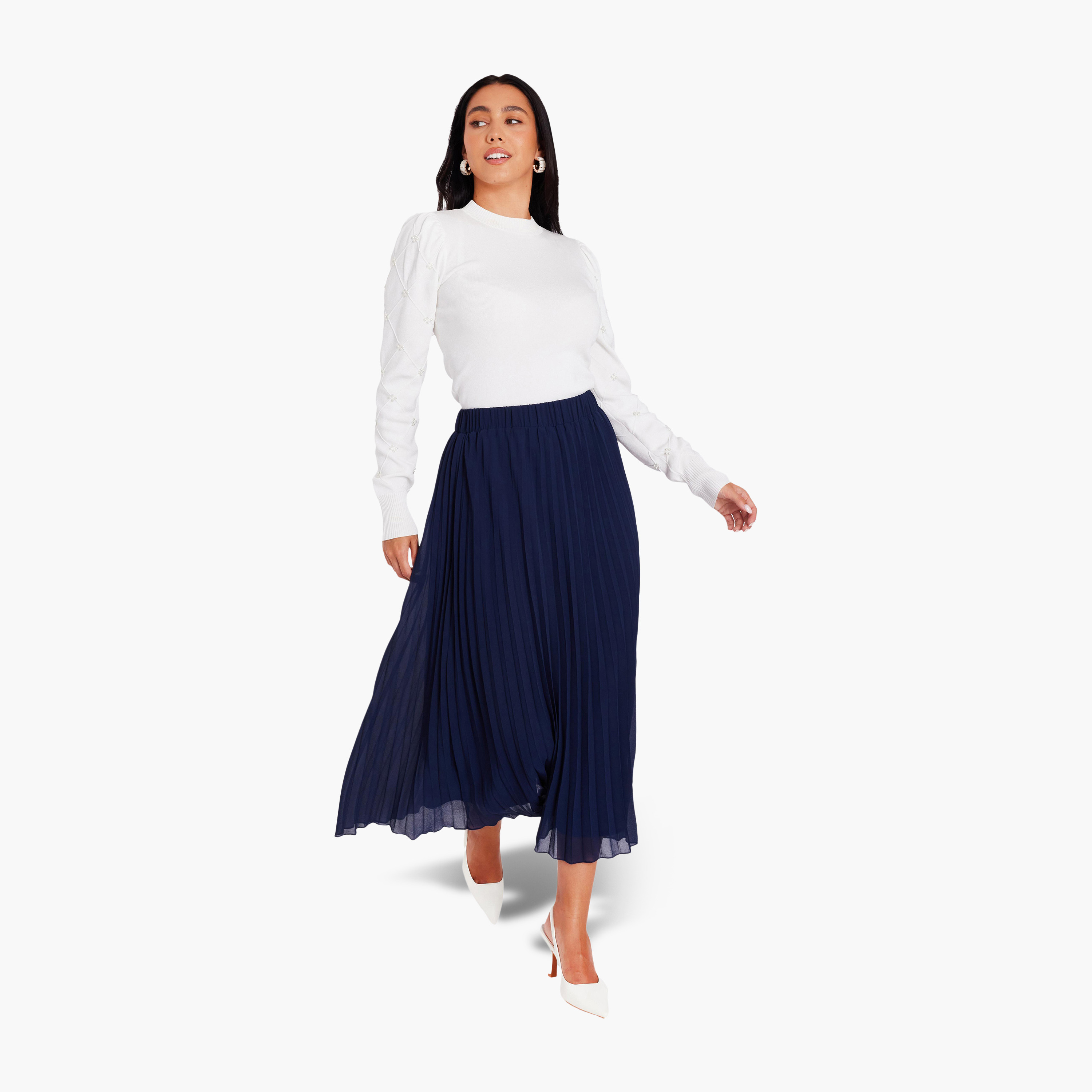تنورة ميدي نسائية بلون كحلي من الشيفون بكسرات من كويز-women-clothing-bottoms-skirts-image-2