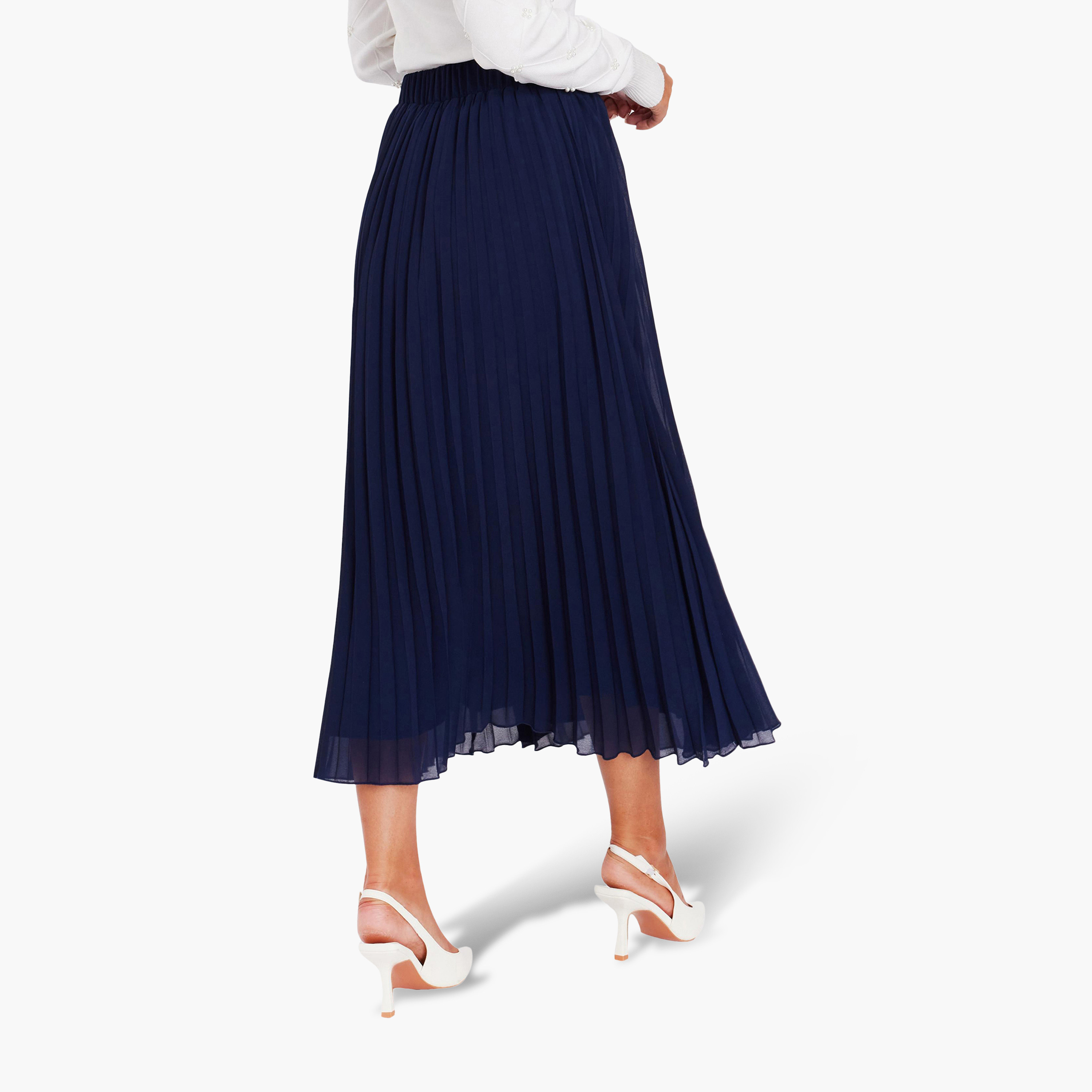 تنورة ميدي نسائية بلون كحلي من الشيفون بكسرات من كويز-women-clothing-bottoms-skirts-image-3