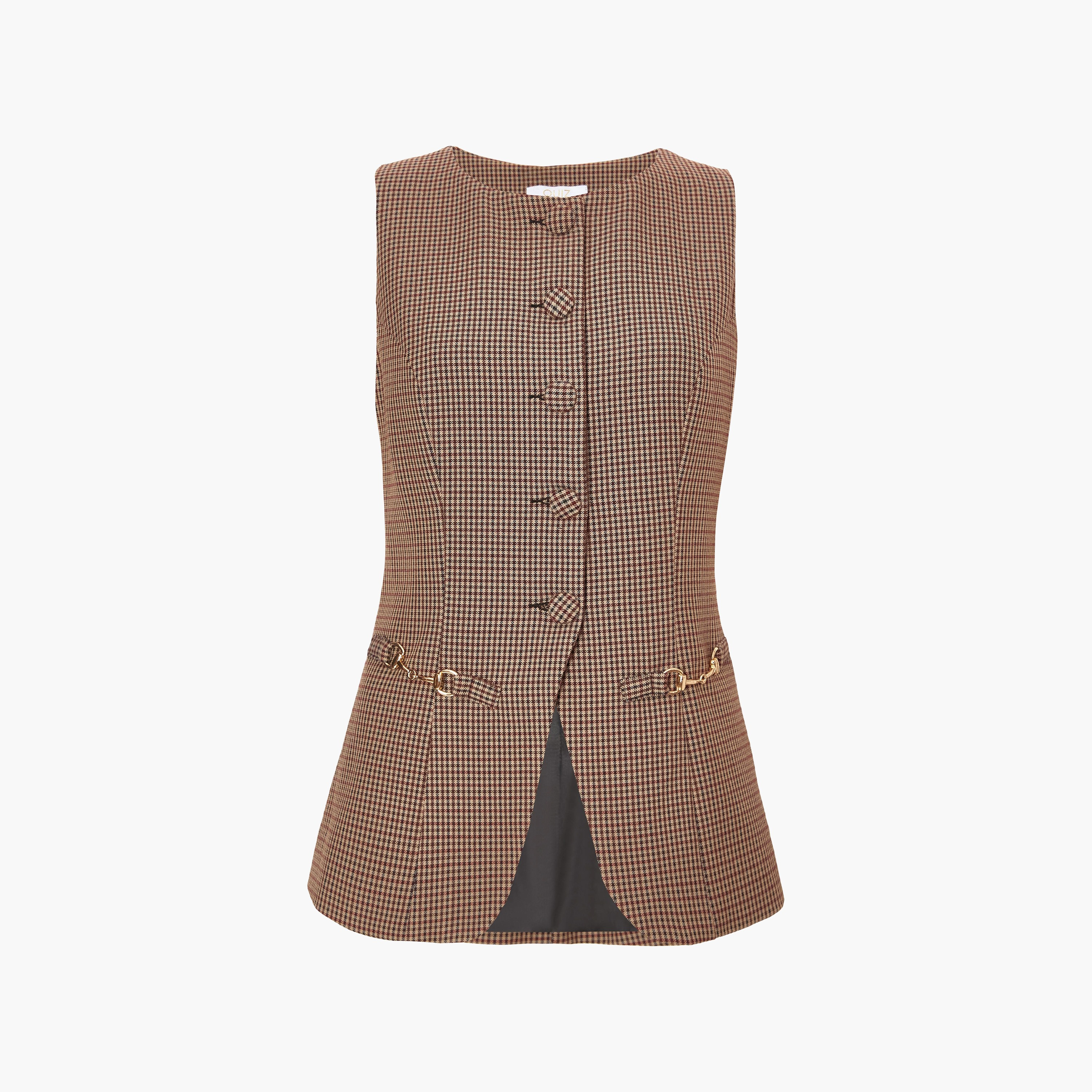 صديري نسائي طويل بلون بني مربعات من كويز-women-winterwear-coatsandjackets-waistcoats-image-5