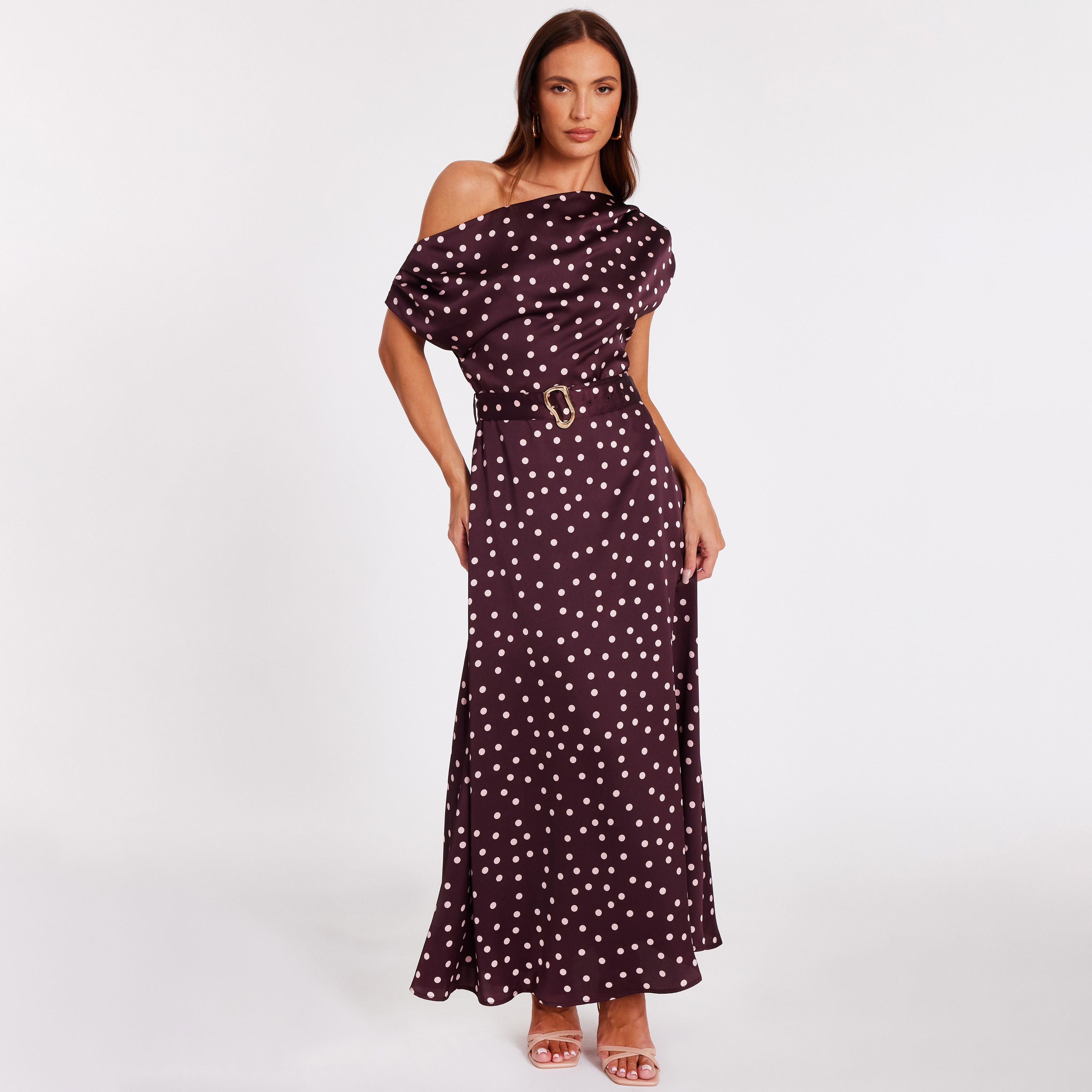 Quiz Polka Dot Satin Off-Shoulder Berry Women's Maxi Dress-women-clothing-dresses-image-1