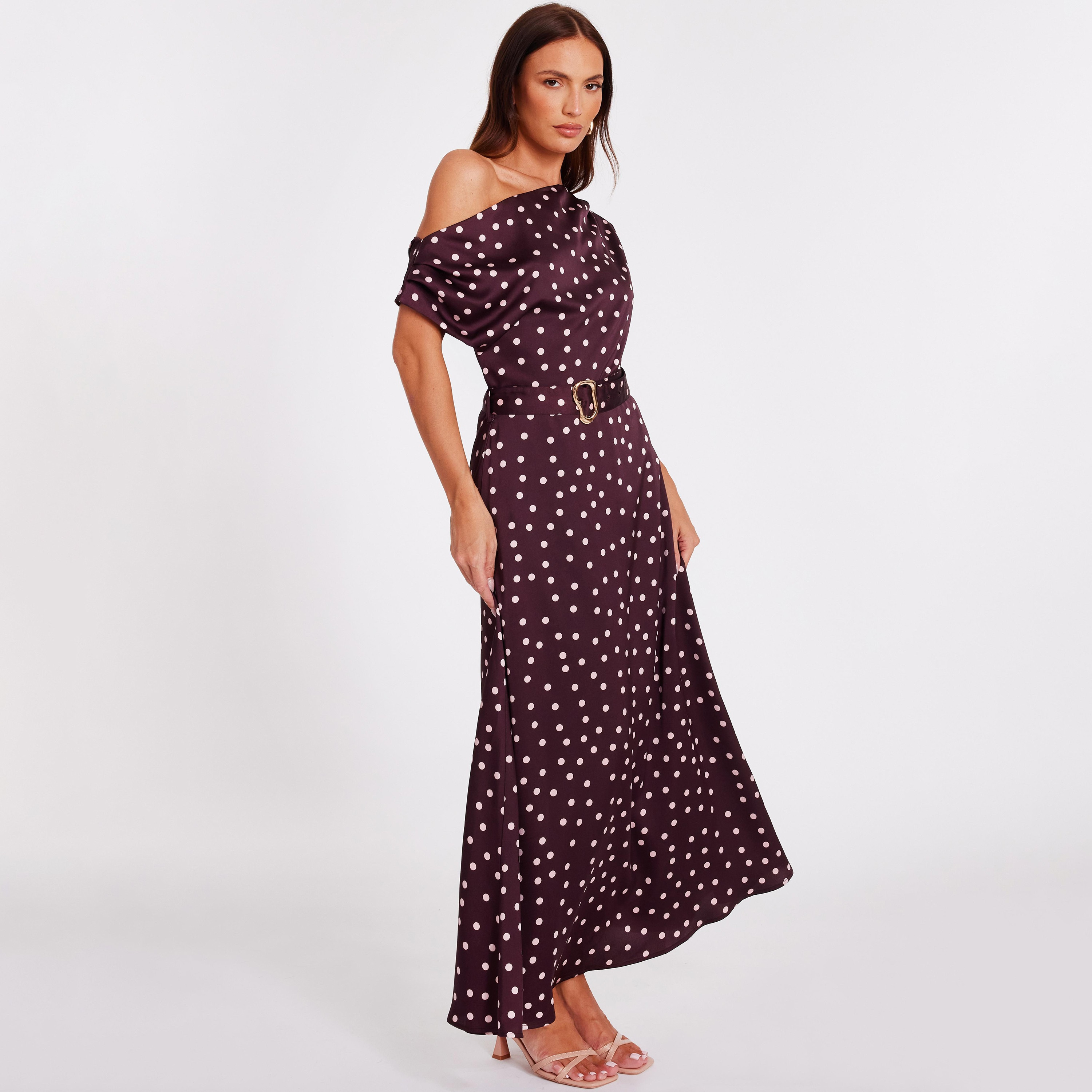 Quiz Polka Dot Satin Off-Shoulder Berry Women's Maxi Dress-women-clothing-dresses-image-2