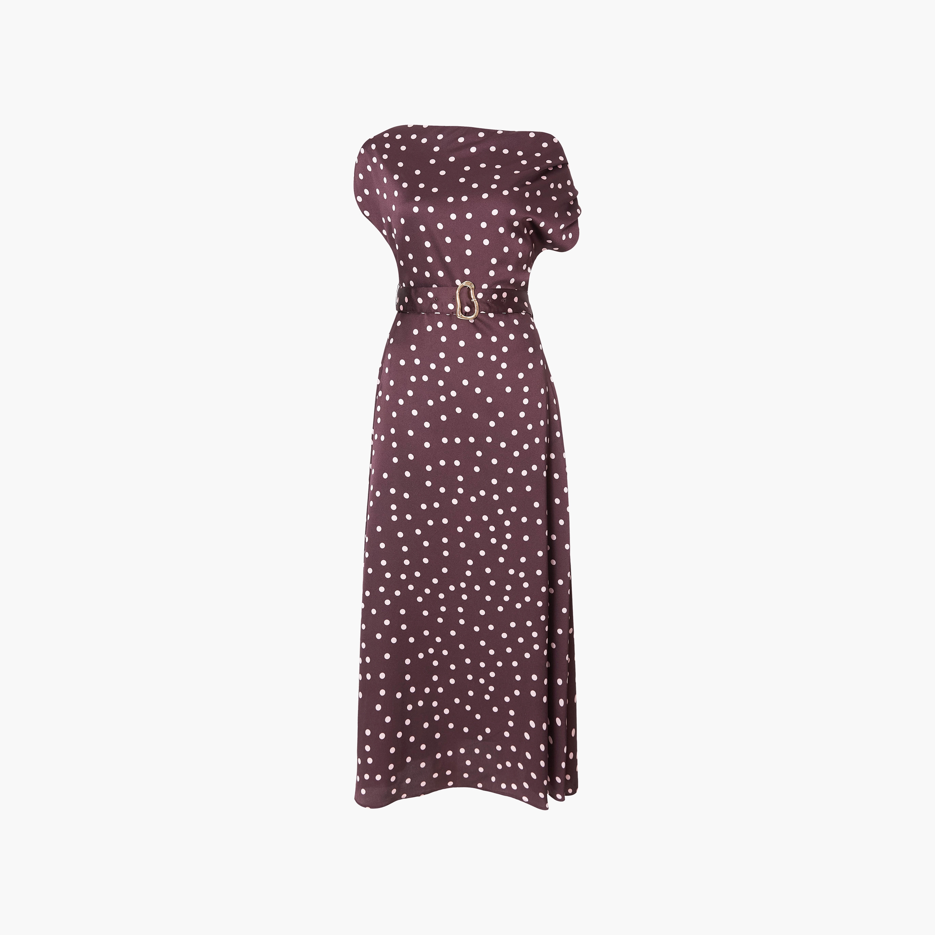 Quiz Polka Dot Satin Off-Shoulder Berry Women's Maxi Dress-women-clothing-dresses-image-5