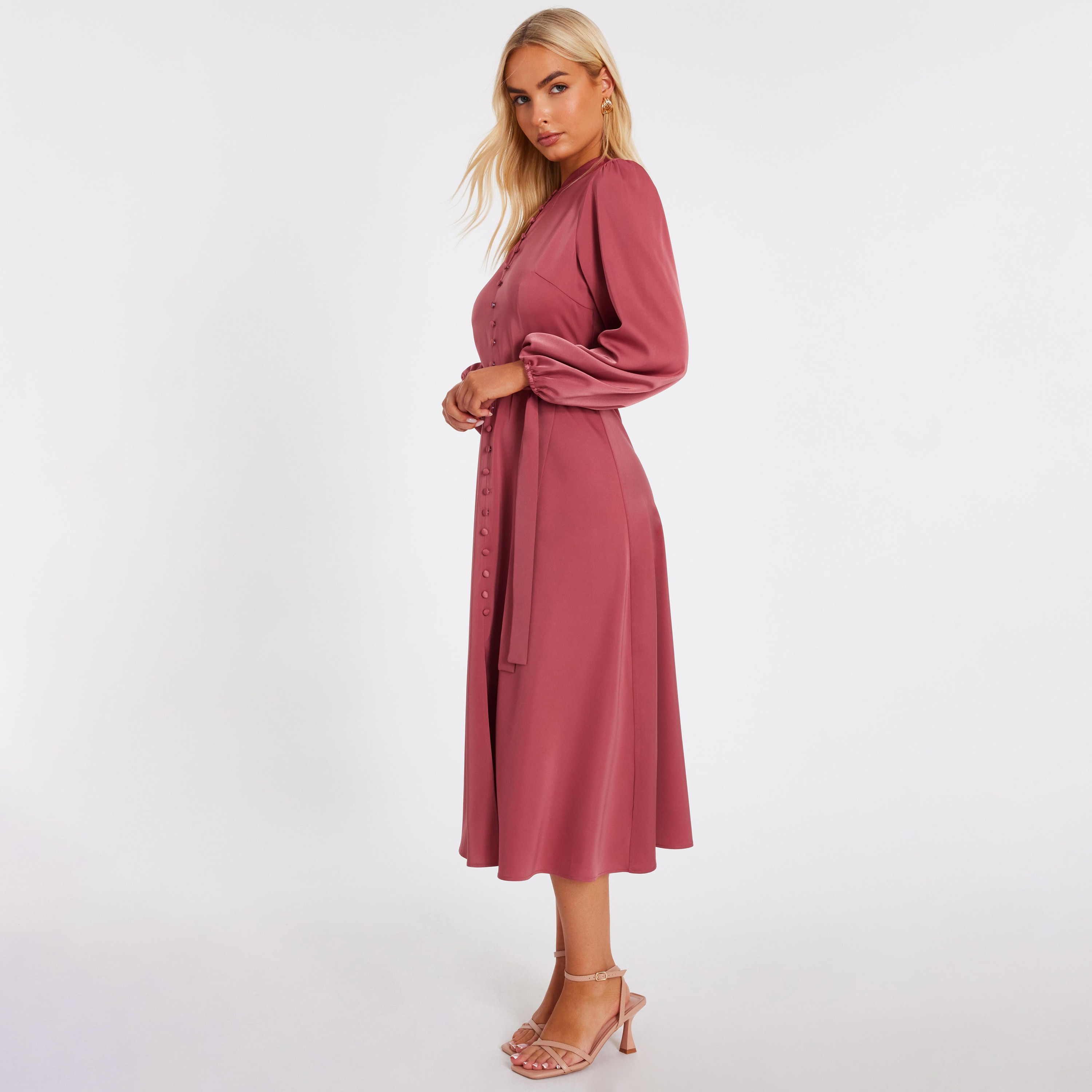 Quiz Satin High Neck Balloon Sleeves Mauve Women's Midi Dress-women-clothing-dresses-image-2