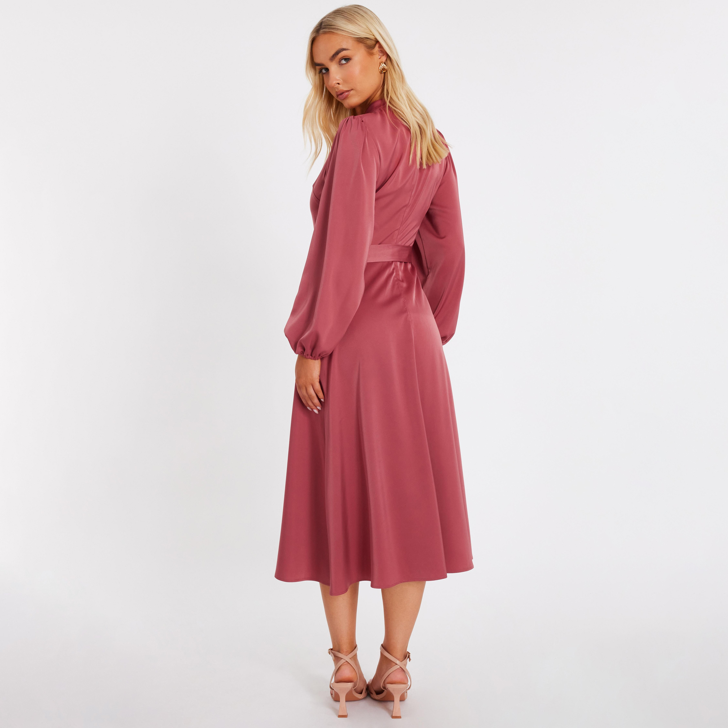 Quiz Satin High Neck Balloon Sleeves Mauve Women's Midi Dress-women-clothing-dresses-image-3