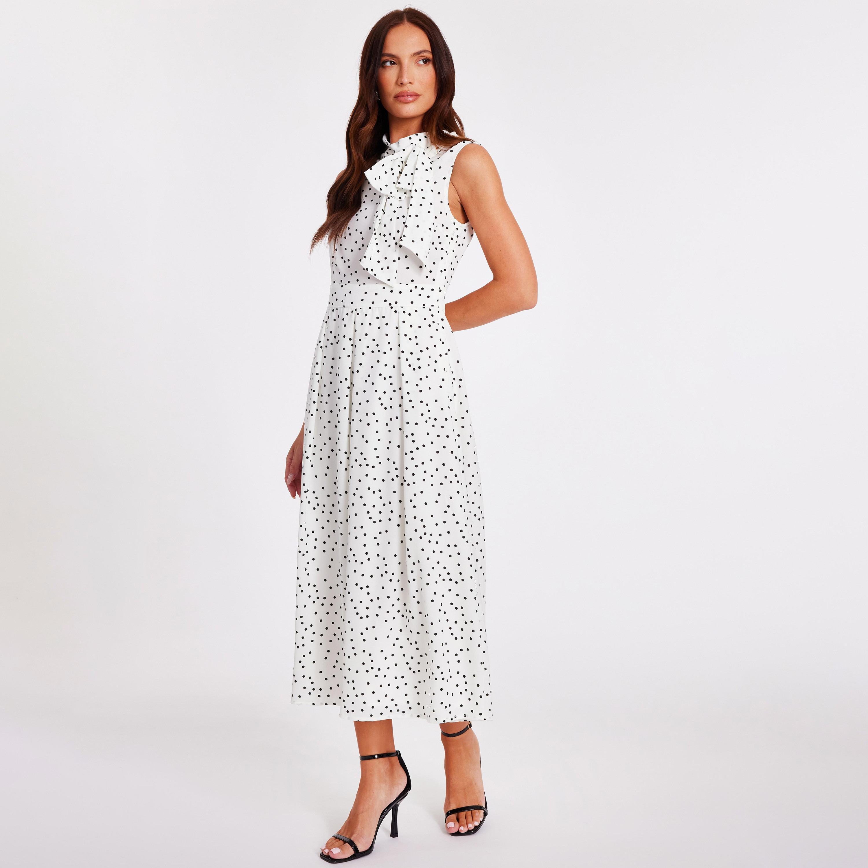 Quiz Polka Dot Satin High Neck White Women's Midi Dress-women-clothing-dresses-image-2