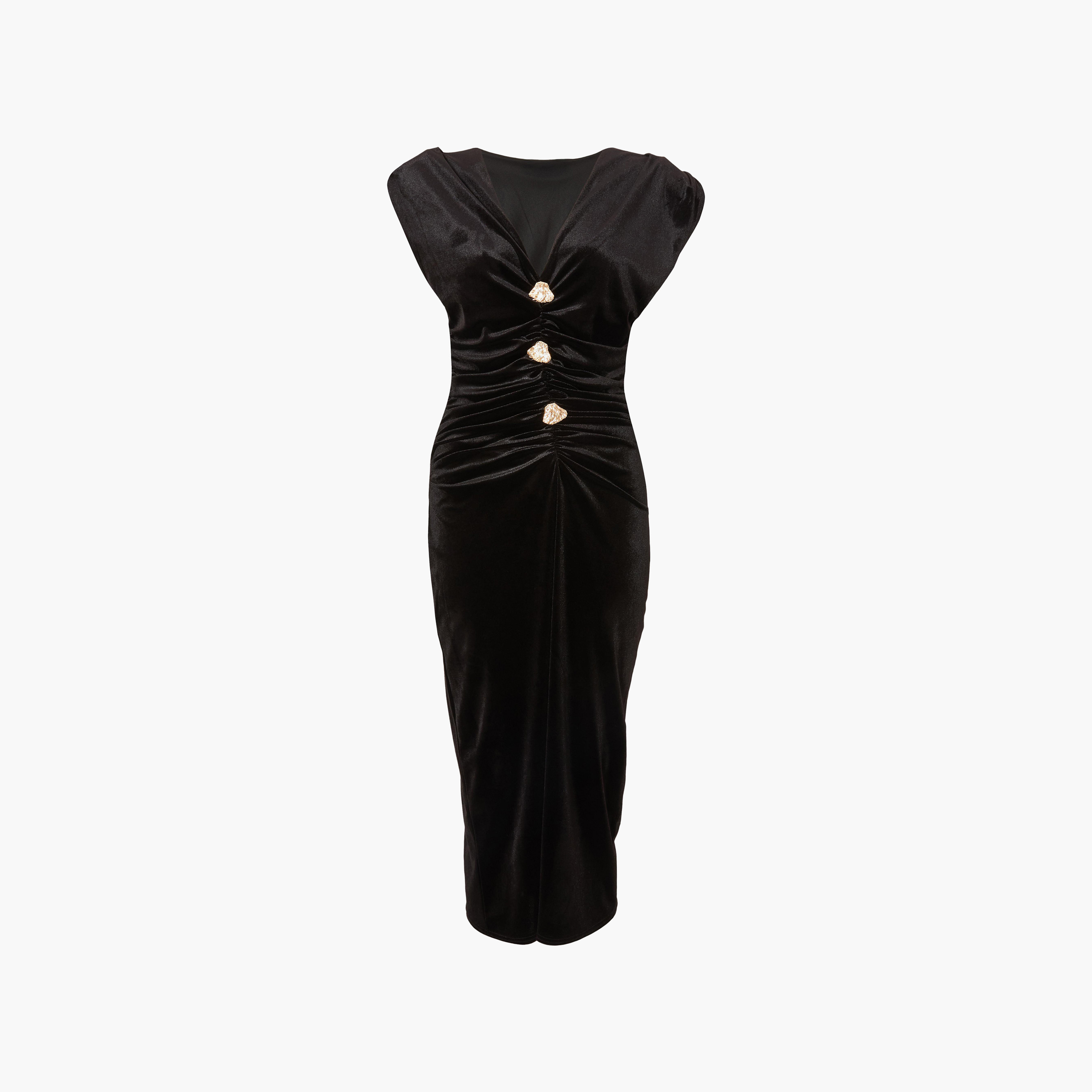 فستان نسائي ضيق مخملي بأكمام قصيرة وتفاصيل مزمومة - أسود من كويز-women-clothing-dresses-image-5