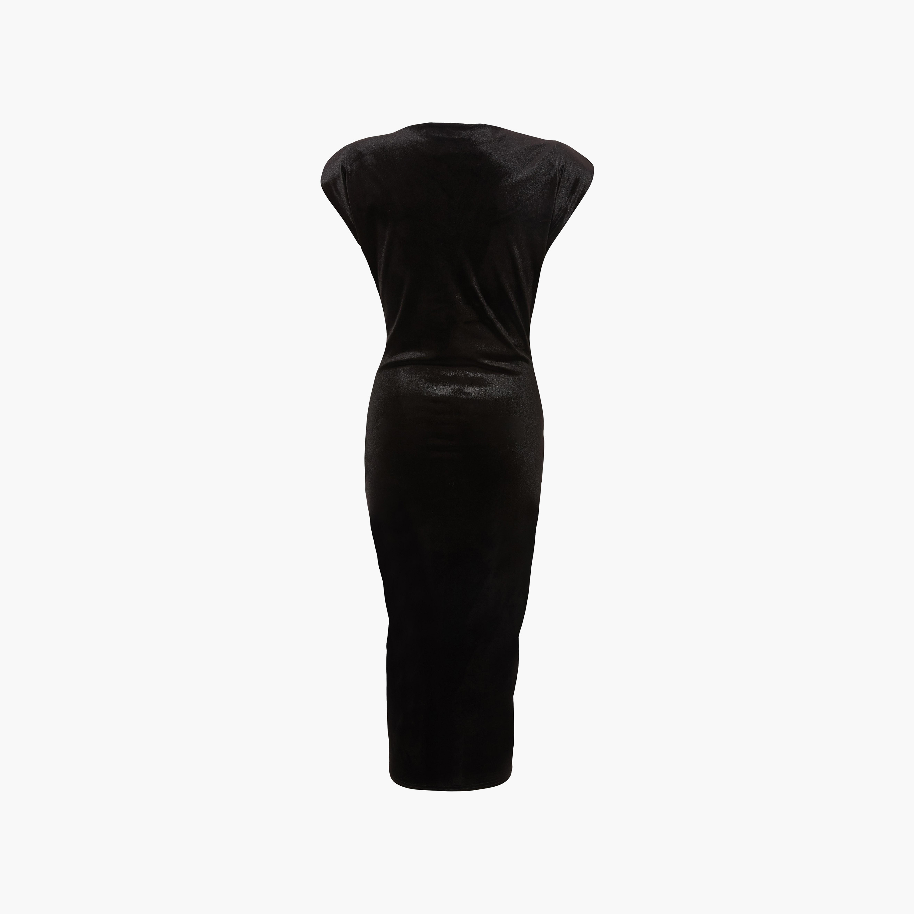 فستان نسائي ضيق مخملي بأكمام قصيرة وتفاصيل مزمومة - أسود من كويز-women-clothing-dresses-image-6