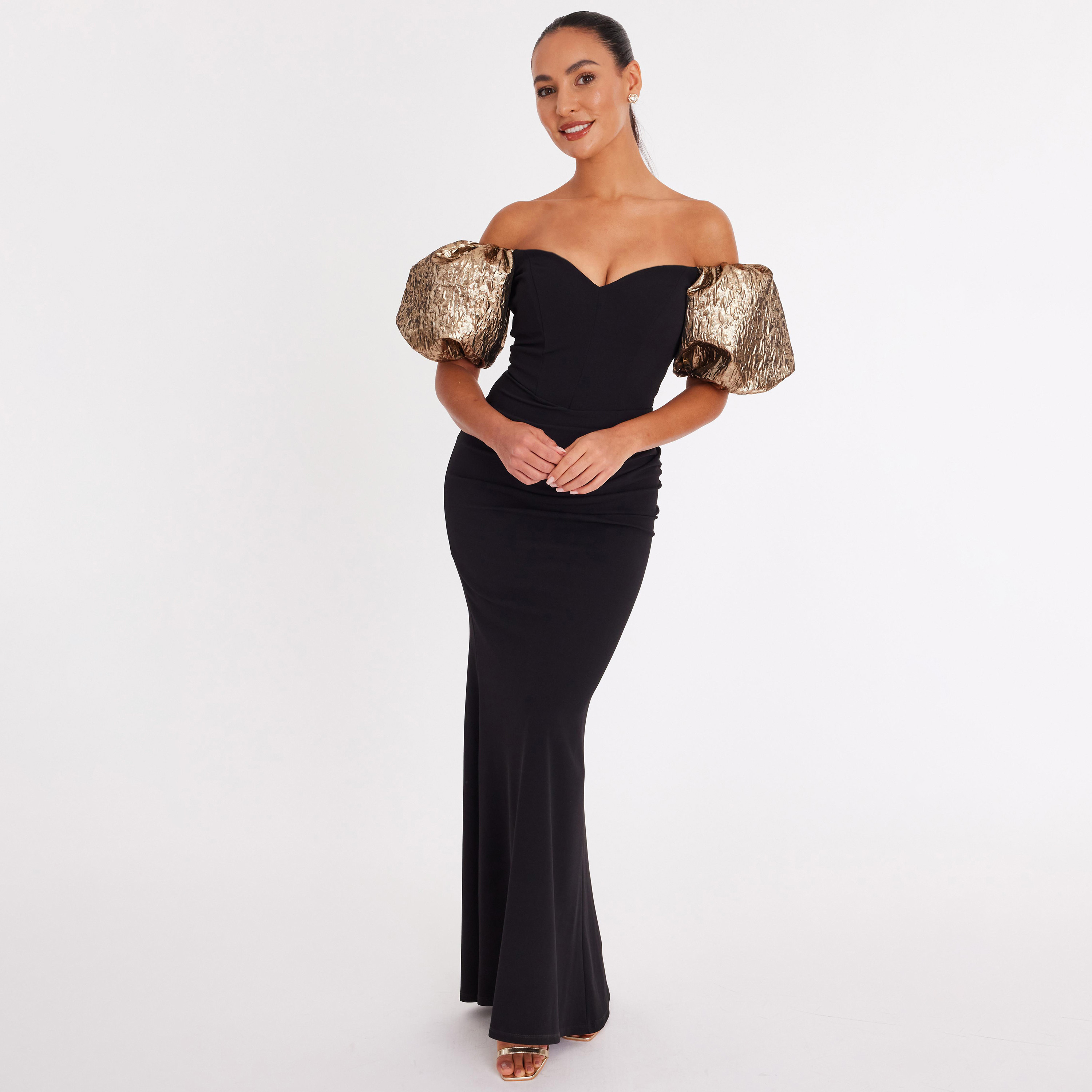 فستان نسائي "شيث" بأكمام منفوخة وفتحة رقبة "سويت هارت" قماش سكوبا كريب - أسود من كويز-women-clothing-dresses-image-1