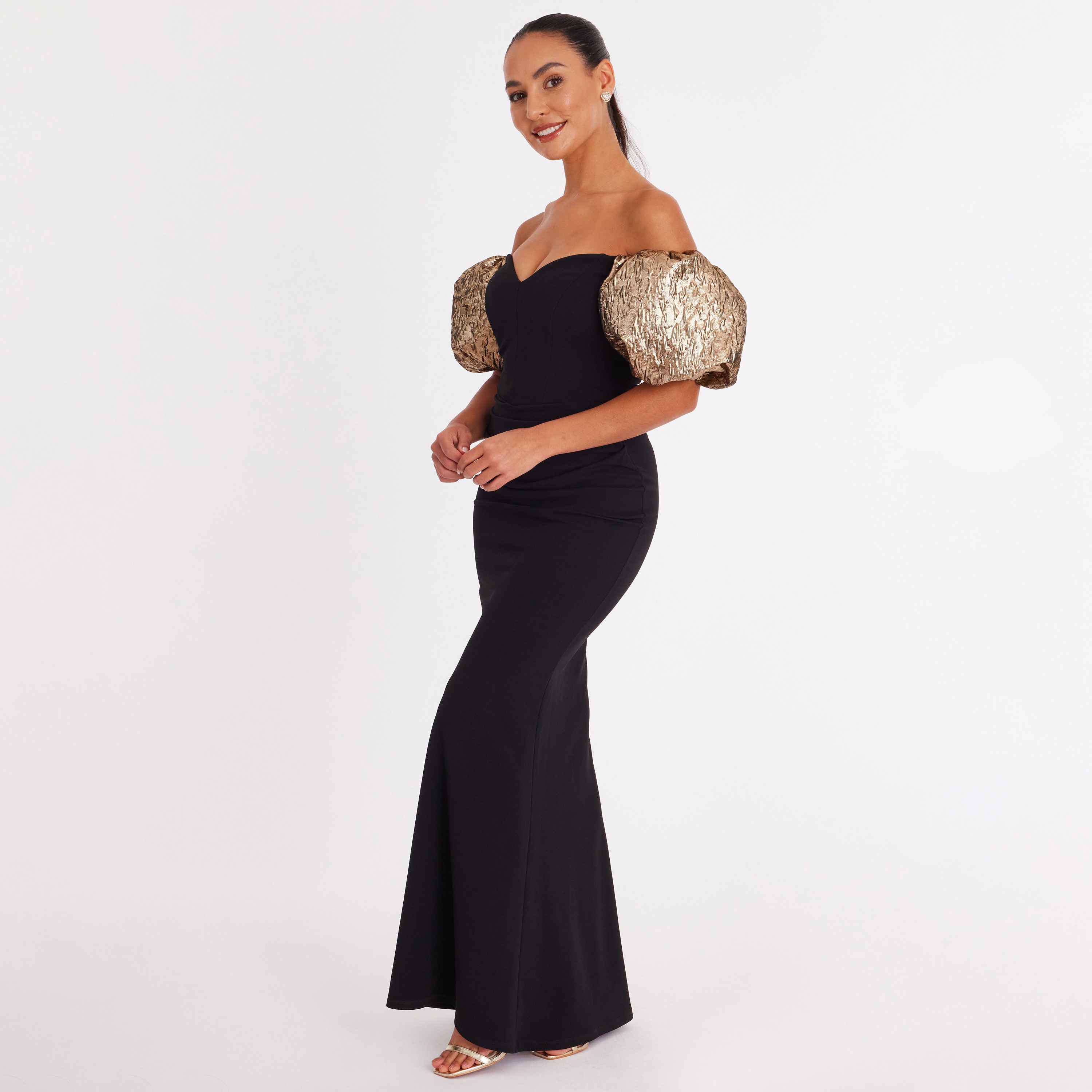 فستان نسائي "شيث" بأكمام منفوخة وفتحة رقبة "سويت هارت" قماش سكوبا كريب - أسود من كويز-women-clothing-dresses-image-2